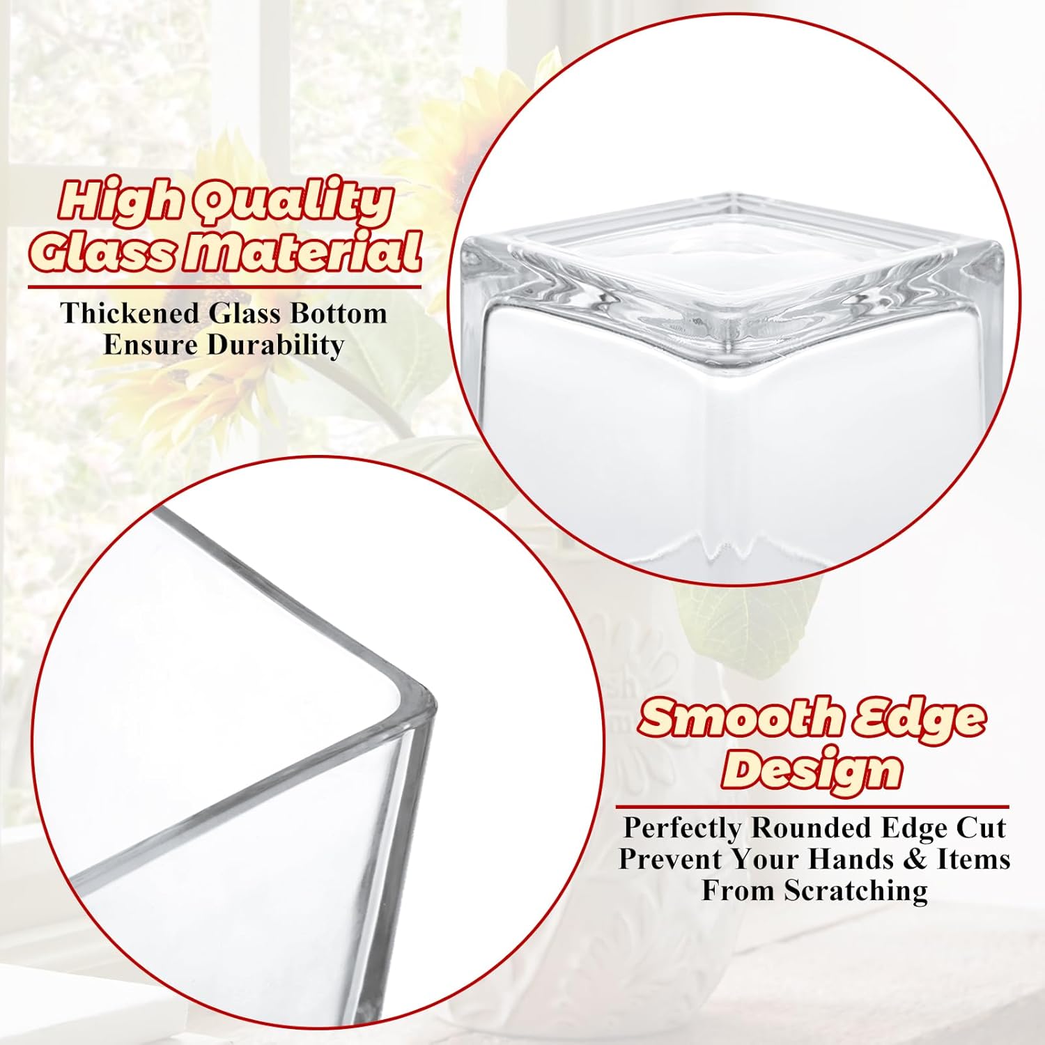 4 Pack 6 x 6 x 6 Inch Square Glass Vases, Clear Square Vases for Centerpieces, Glass Cube Flower Vases Short Vases for Candle Holder Events Wedding Party Home Decoration