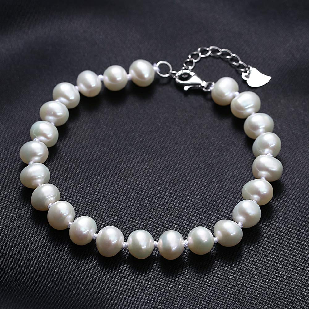 VIKI LYNN Perlenarmband Damen Hochwertige AAA Süßwasser-Zuchtperlen in ca. 7-8 mm Oval weiß 925 Sterling Silber Damen-Armband in Länge in ca. 17 +3.5 cm