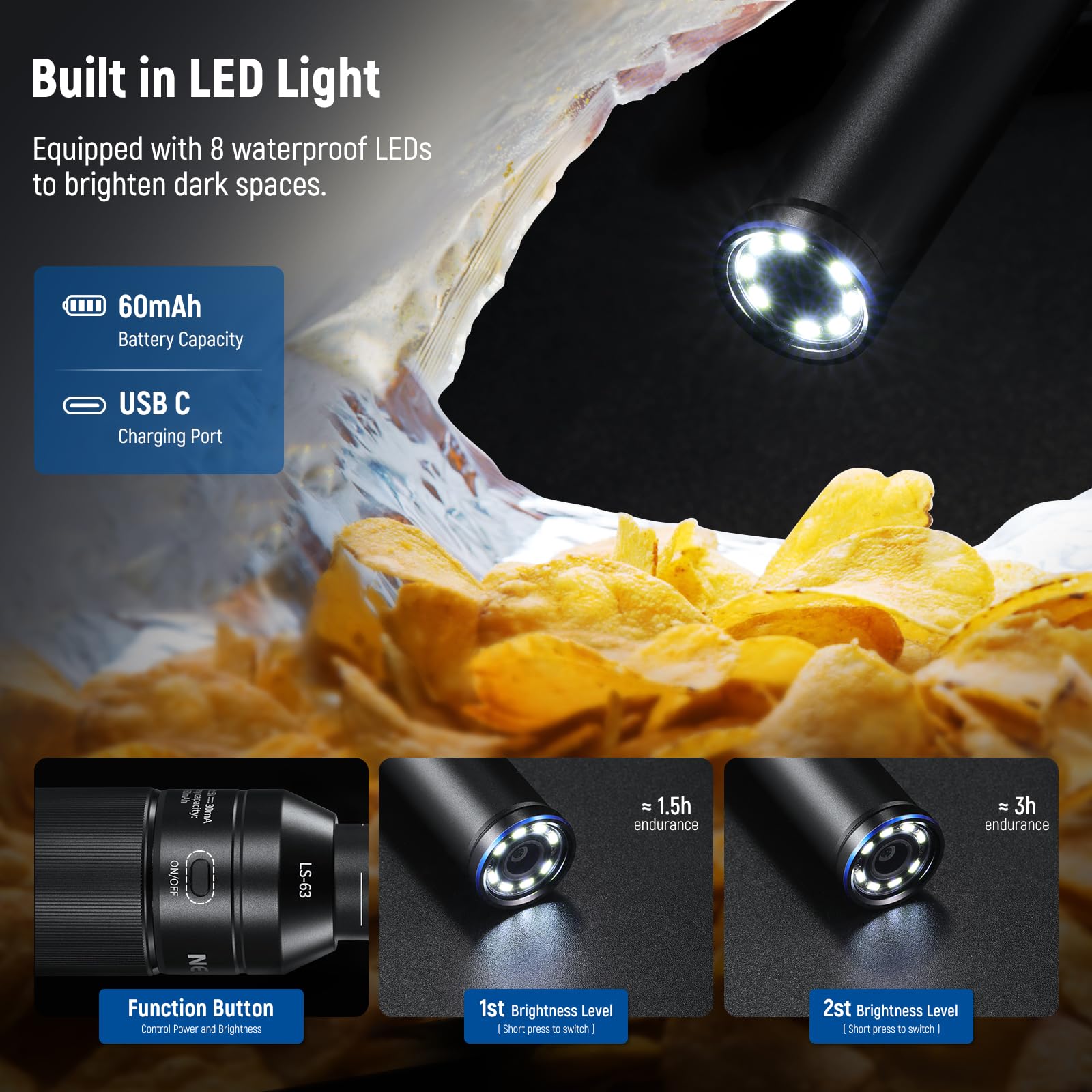 NEEWER Objectif Macro Sonde 16mm 4X avec Champ de Vision de 109°,Filetage de 17mm,Lumière LED Rechargeable,Compatible avec iPhone Samsung Objectif de Caméra,NEEWER Cage/étui pour Téléphone,LS-63