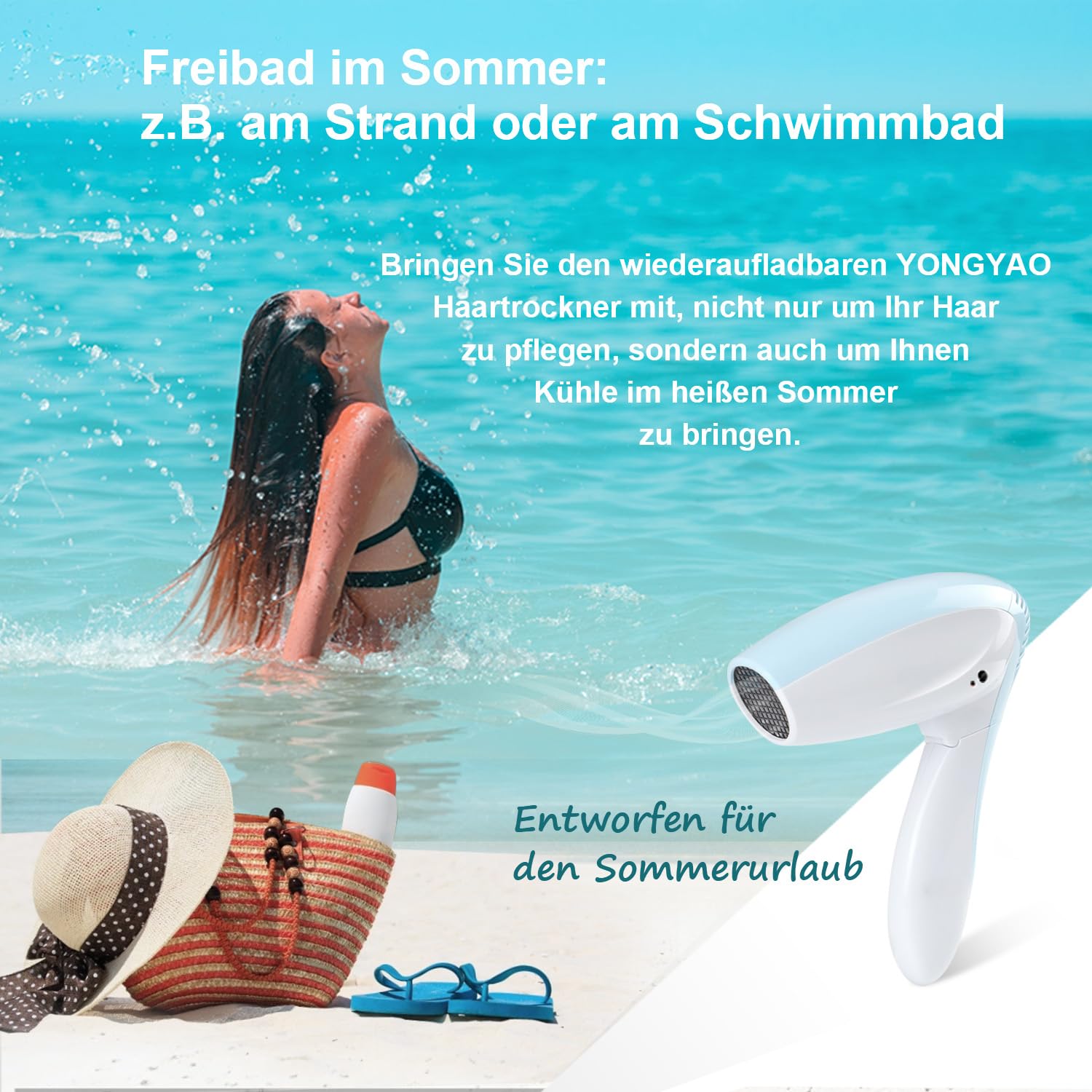Kabelloser Haartrockner Akku Föhn Reisefön Fön mit Akku Wiederaufladbar | kalte Wind Tragbarer Akku Fön hair dryer mit Klappbar Griff für Camping, Sommer Urlaub Schwimmbad Strand Outdoor BBQ Malerei