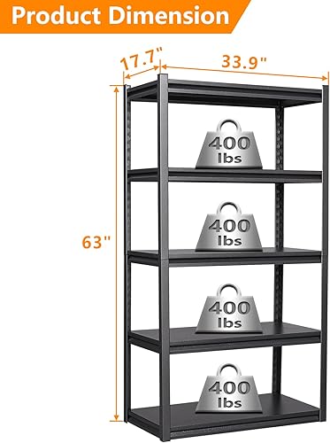 Miniatura 6 de LISSIMO Estantería de metal de 5 niveles, estantería de garaje, carga resistente, 2000 libras, estantes de almacenamiento ajustables para almacén,