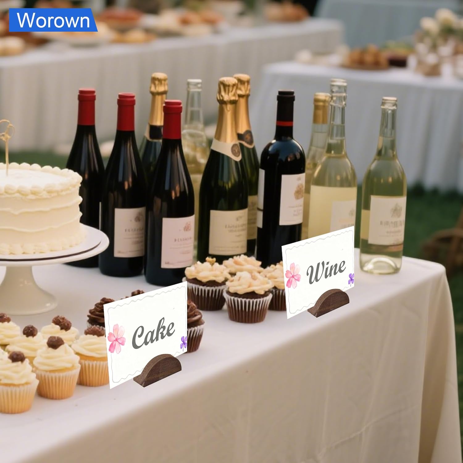 Worown 24-Pack Brown Wooden Table Number Stands, Table Name Holders Include Double-Sided Stickers, Semicircular Place Card Holder for Wedding Party Restaurant Decoration - Image 4