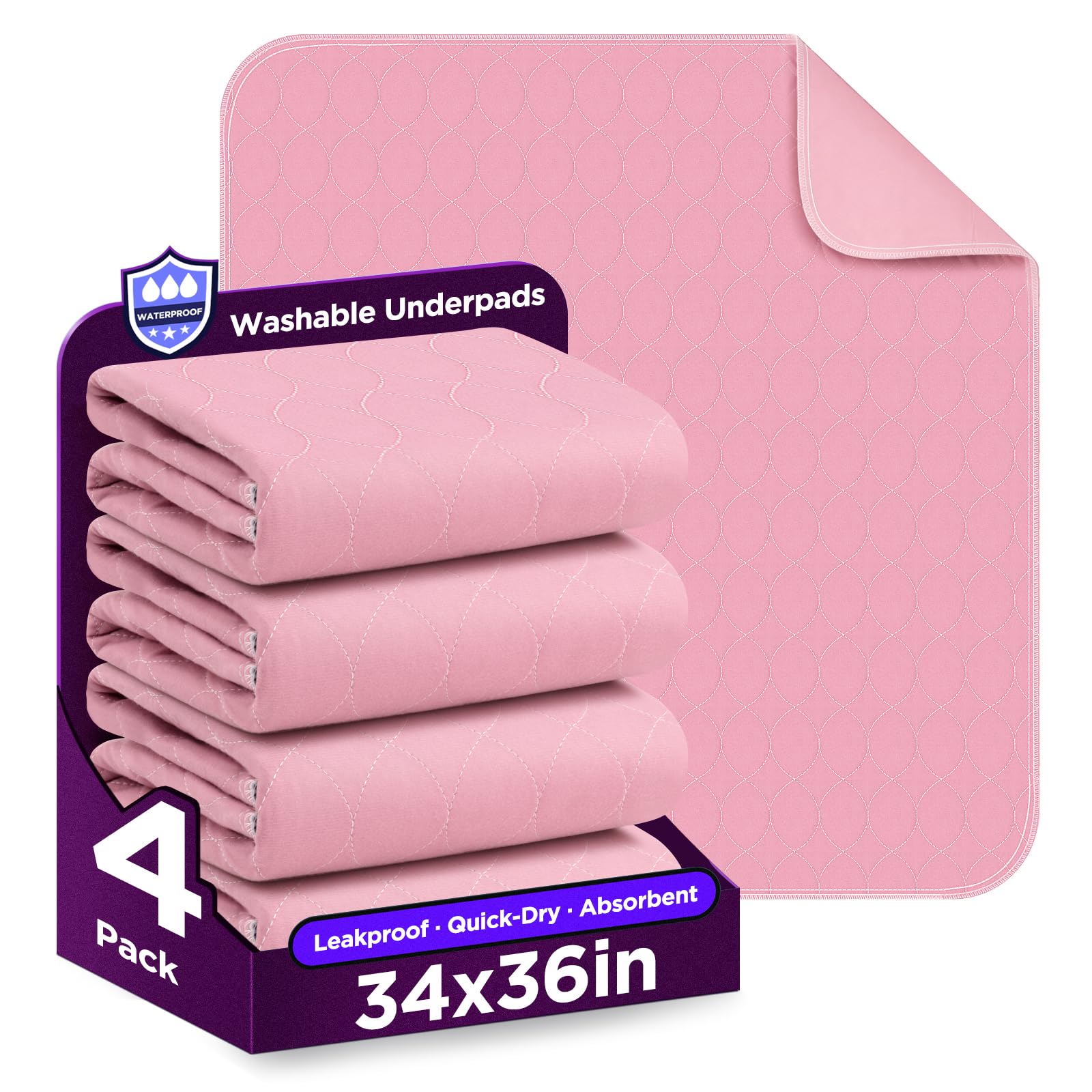 Washable Bed Pads 34" x 36" - 4 Pack, Pink, Waterproof Bed Pads for Incontinence, Bed Wetting Pads for Bed, Sofa, Floor, Resuable Underpads for Adults, Seniors, Pet
