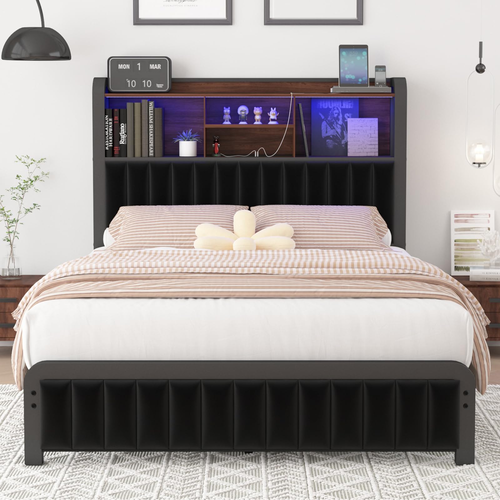 Queen Size Bed Frame with 3-Tier Storage Headboard and LED Lights,Upholstered Platform Bed with Charging Station, Heavy Duty Metal Frame Support,PU Leather,No Box Spring Needed, Black