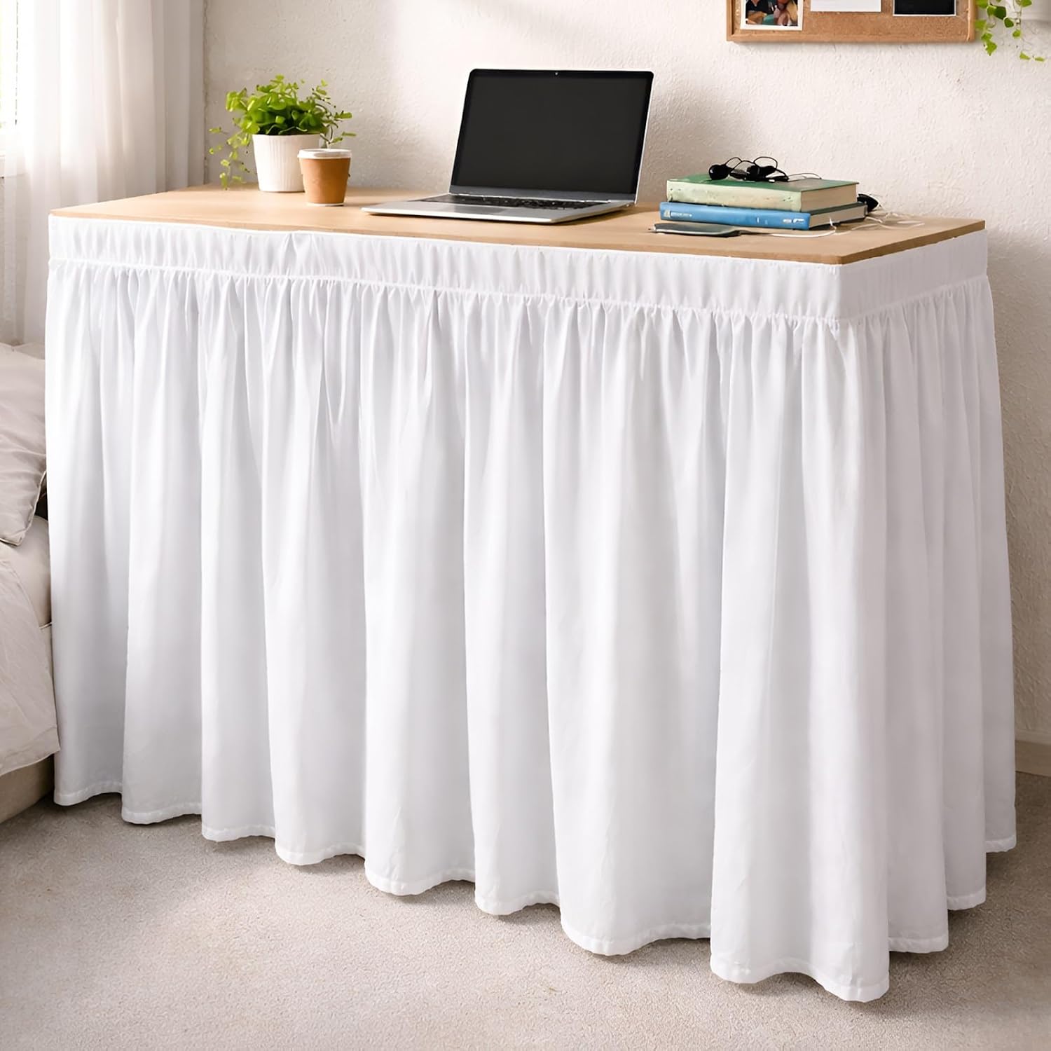 Shreem Linen Dorm Desk Skirt, Ruffled Gathered Table Cover, Custom-Fit, No Platform, Split Corners, Under Desk Storage Cover for Dorm & Home Office, White Desk Skirt (D24 x W49 Skirt H30 Inches)