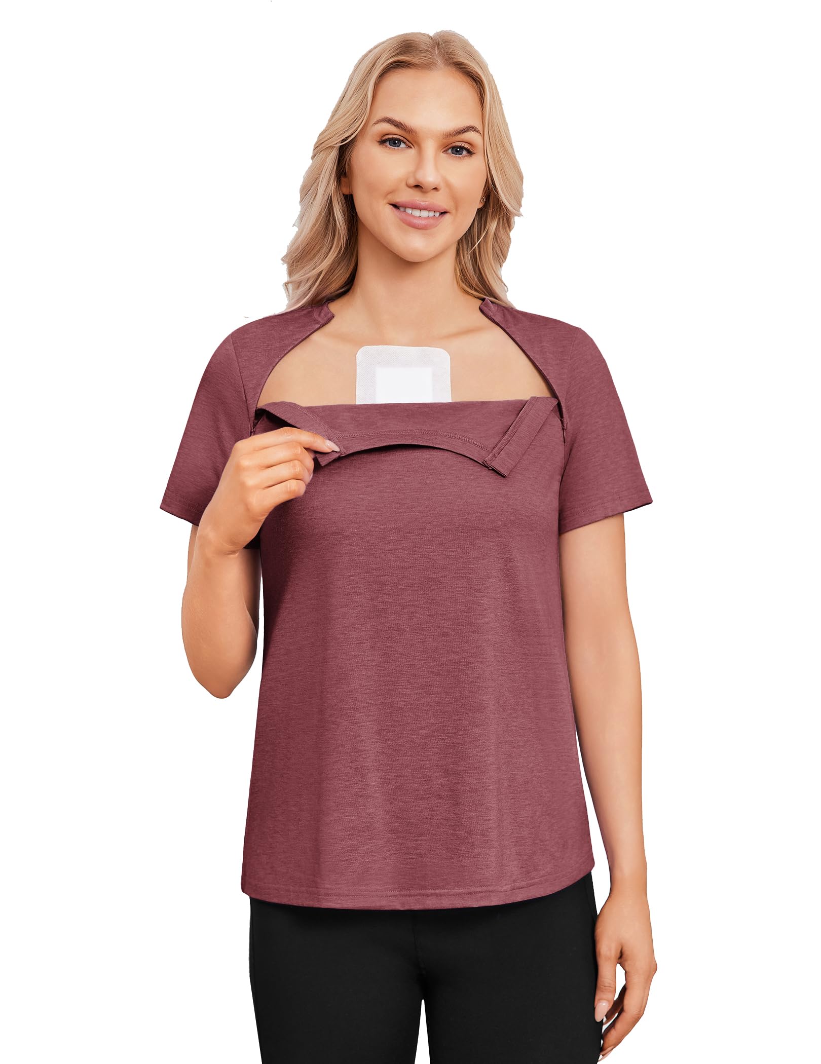 Deyeek Chemo-Shirts für Damen mit Dialyse-Port-Zugangs-Reißverschlüssen kurzärmelig adaptive Kleidung