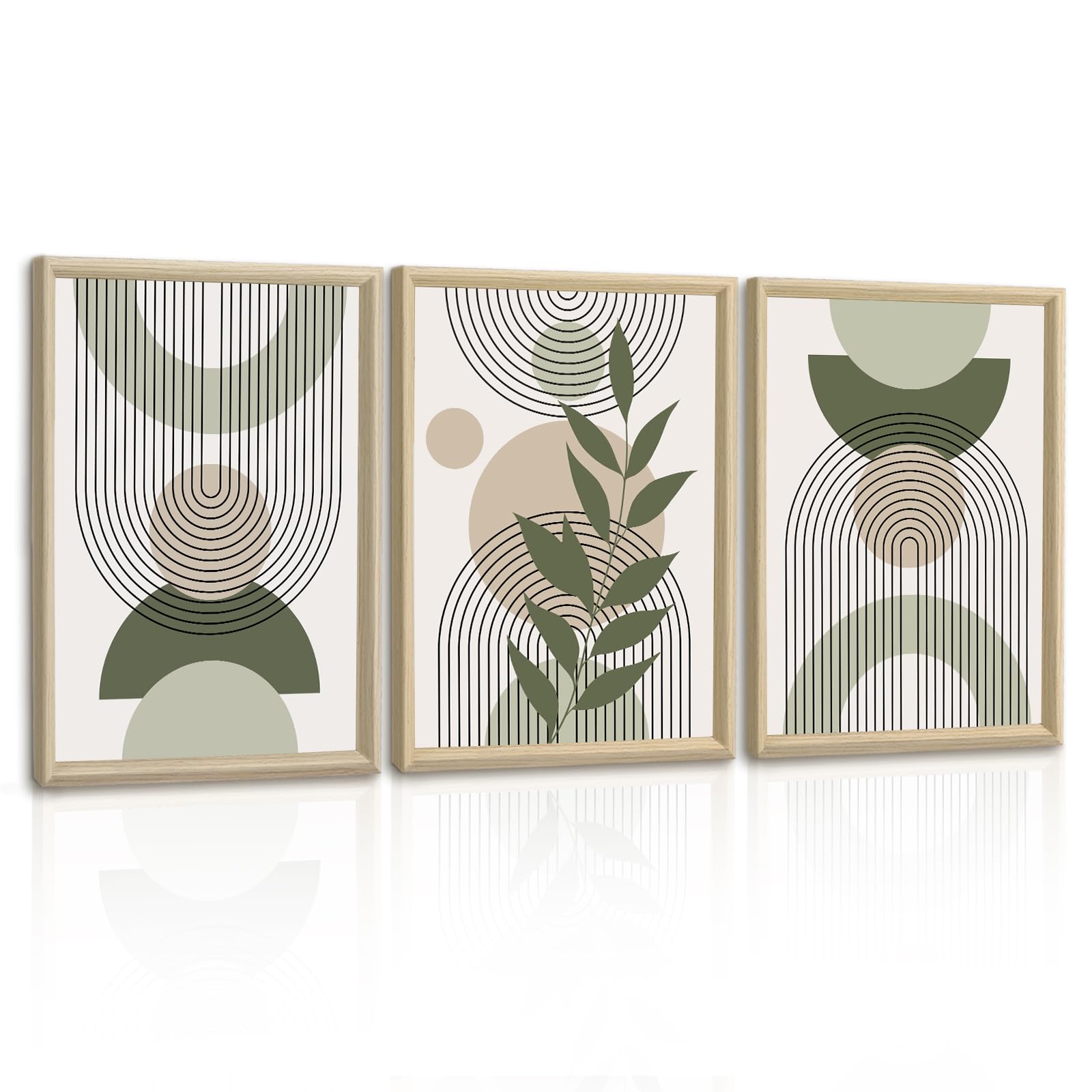 3 Pcs Boho Verde Planta Hoja Cuadros Decoracion Modernos Con Marco, Estética Geométrica Líneas Cuadros y Láminas Nórdico Minimalista Pintura Lienzos Decorativos Para Salon Dormitorios Cocina 40X60cmX3