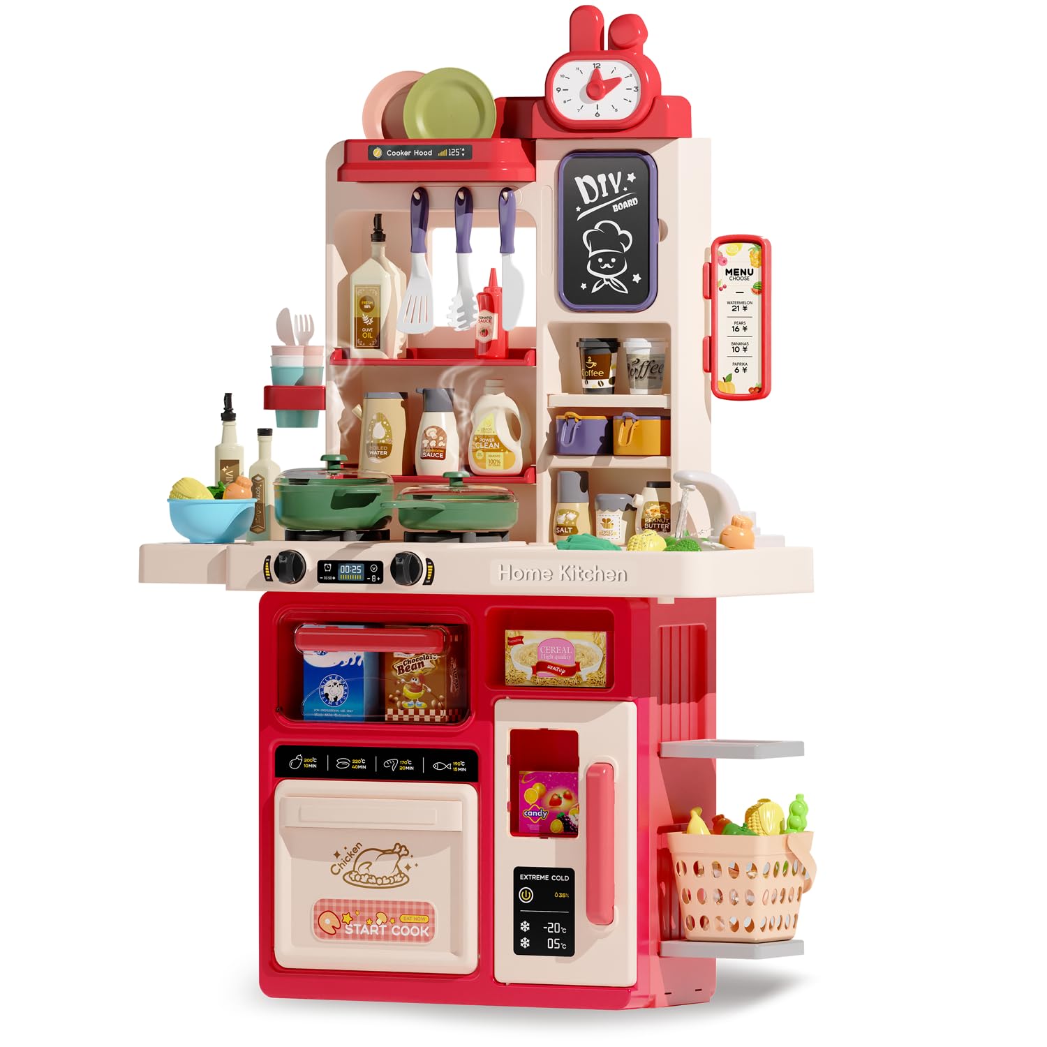 Hitish Kids Kitchen Playset Set, 63PCS Pretend Play Kitchen Toys for Toddlers, Cooking Stove with Steam Sound Light, Play Sink with Manual Faucet,