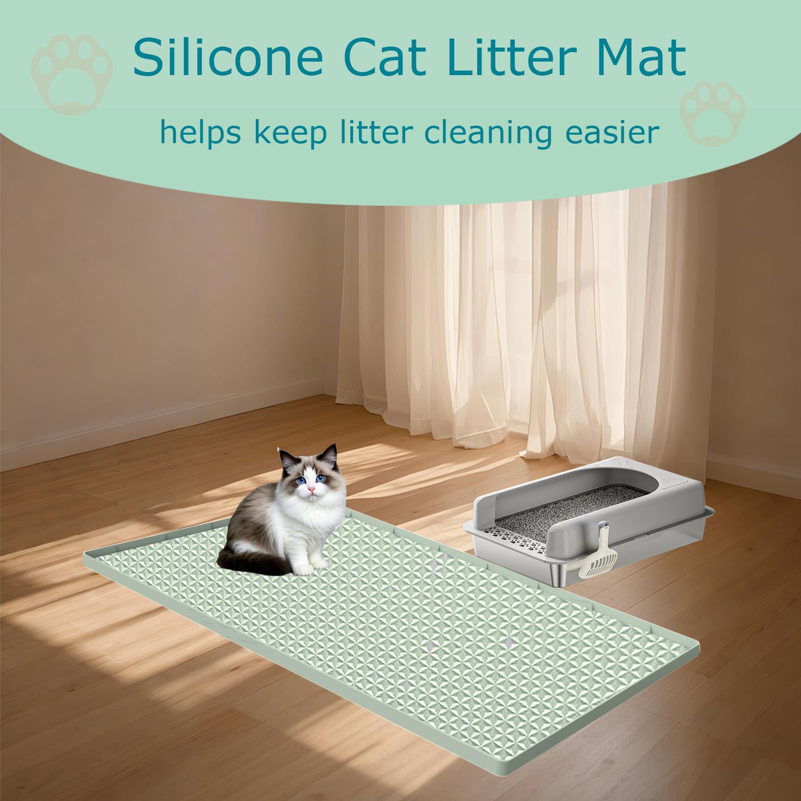 Katzenklo Matte für Katzentoilette, Silikon Große Katzenstreu Fangmatte - 130 x 65 cm, wasserdicht & rutschfest, langlebig & leicht zu reinigen, Grün