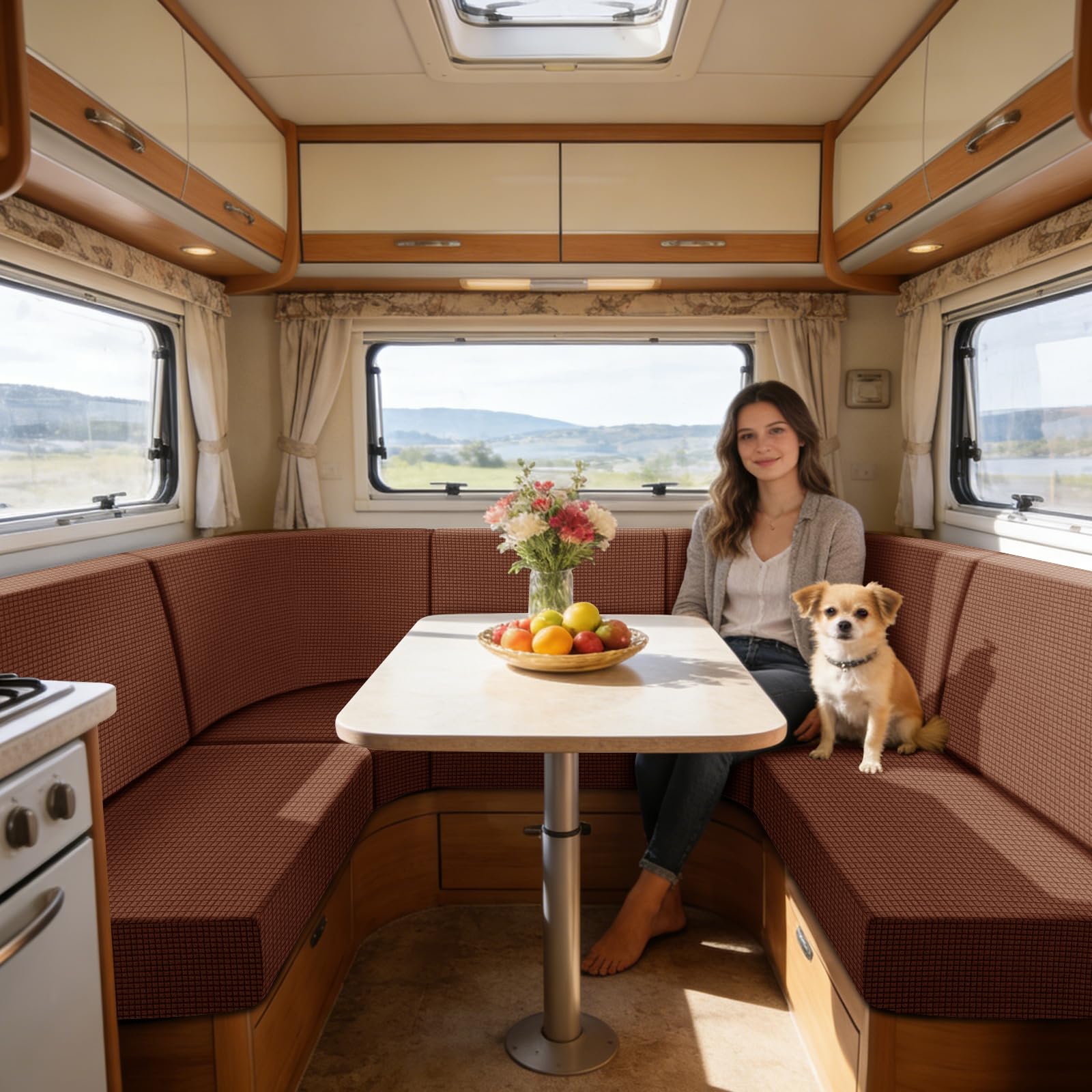 SYLC Caravan Seat Cover Stretch Jacquard, Non-slip RV Dinette Cushion Covers with 2 Straps, Couch Cushion Covers for Camper Sofa Bench (Rust Red,W 115-145 cm, D 45-65 cm) — image 1