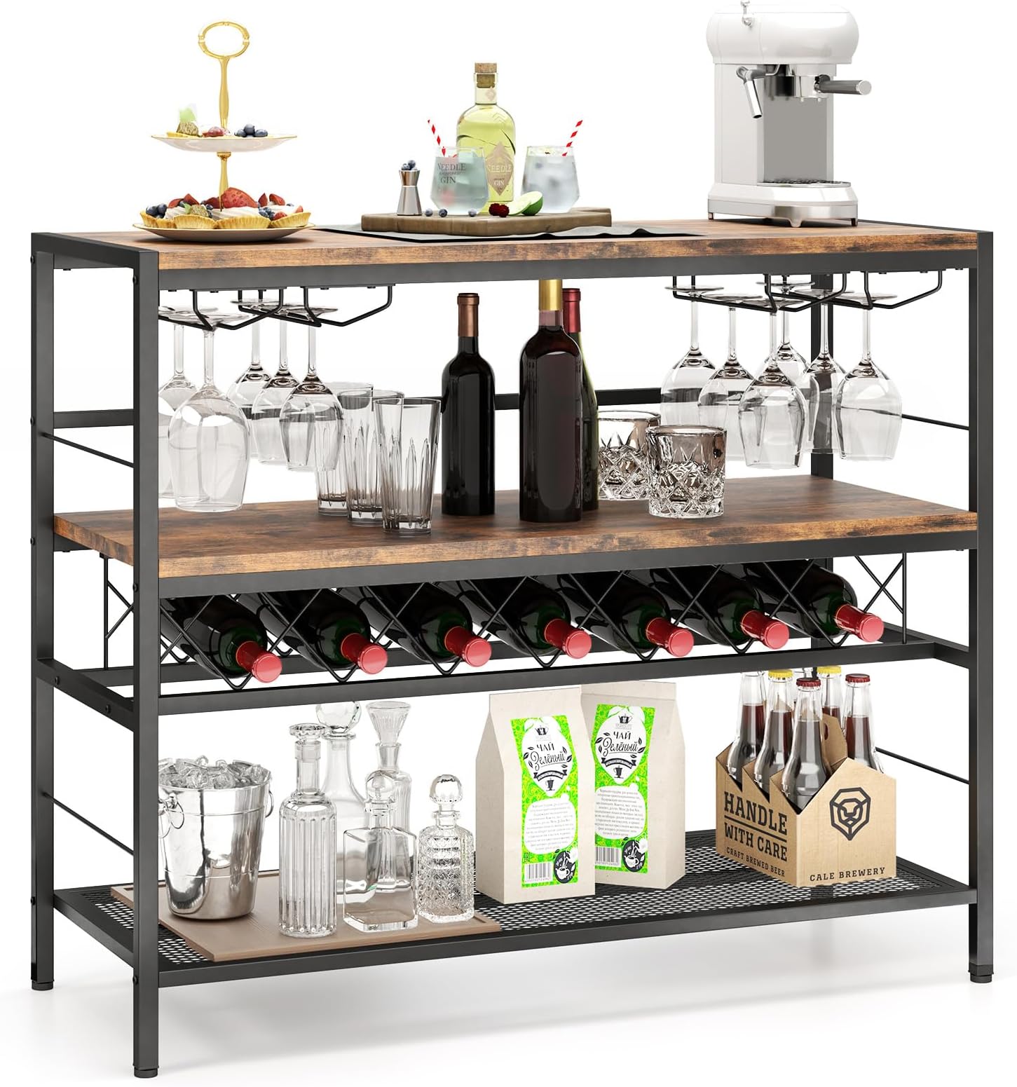 Giantex 4-Tier Wine Rack Table - 7-Bottle Wine Bar Cabinet w/ 4 Wine Racks & 16 Glasses Holder, Metal Liquor Wine Storage Shelf, Industrial Wine Rack Freestanding Floor for Kitchen, Rustic Brown