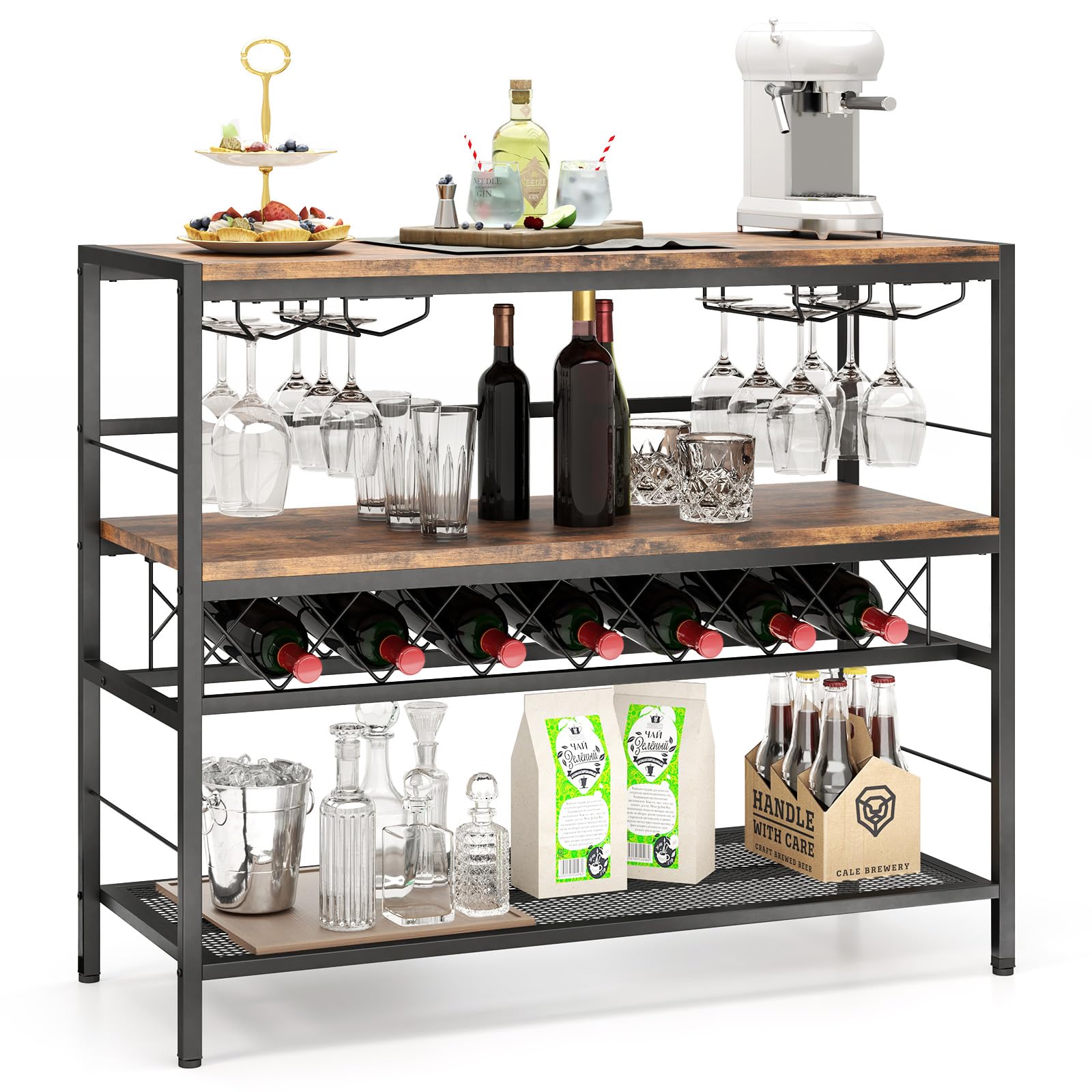 Giantex 4-Tier Wine Rack Table - 7-Bottle Wine Bar Cabinet w/ 4 Wine Racks & 16 Glasses Holder, Metal Liquor Wine Storage Shelf, Industrial Wine Rack Freestanding Floor for Kitchen, Rustic Brown