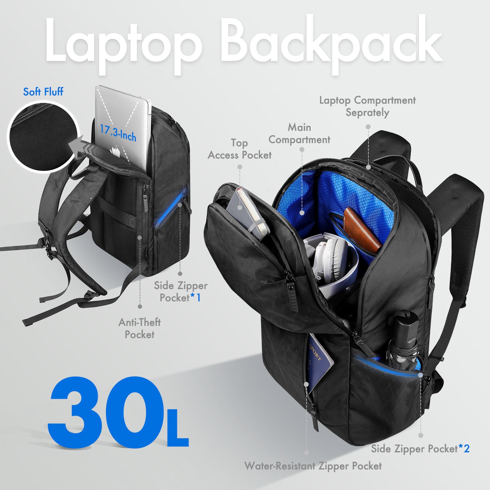 Zaino Viaggio per Uomo e Donna, Tessuto Tecnico Ultraleggero | Impermeabile e Resistente, Grande Capacità 30 L, per Laptop da 17,3 pollici, Ideale per Campeggio ed Escursionismo, Nero