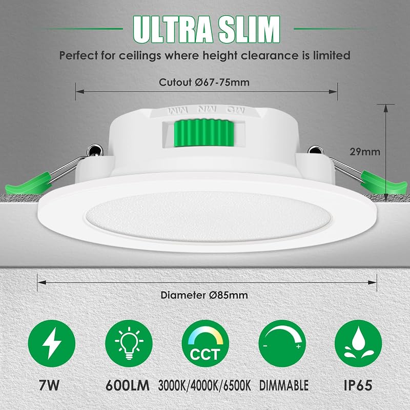 6 db ALUSSO LED Süllyesztett Spotlámpa, 230V, Szabályozható, IP65, 7W, 68mm, Lapos, 3 Színhőmérséklet