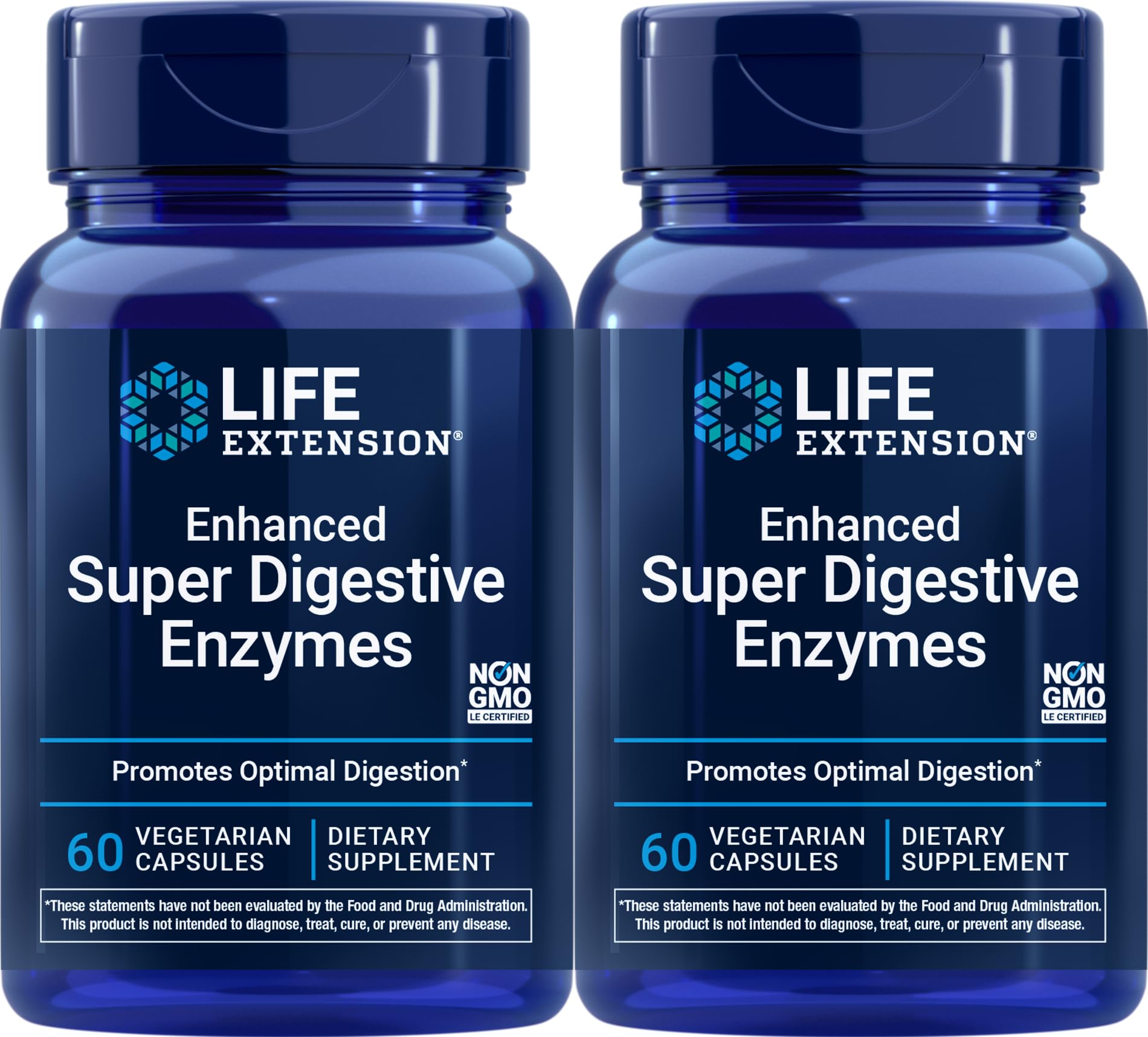 Life Extension Enhanced Super Digestive Enzymes Promotes Optimal Digestion Health Support Target Fats Protein & Carb Digestion Vegetarian Formula Non-GMO, 60 Vegetarian Capsules - Pack of 2