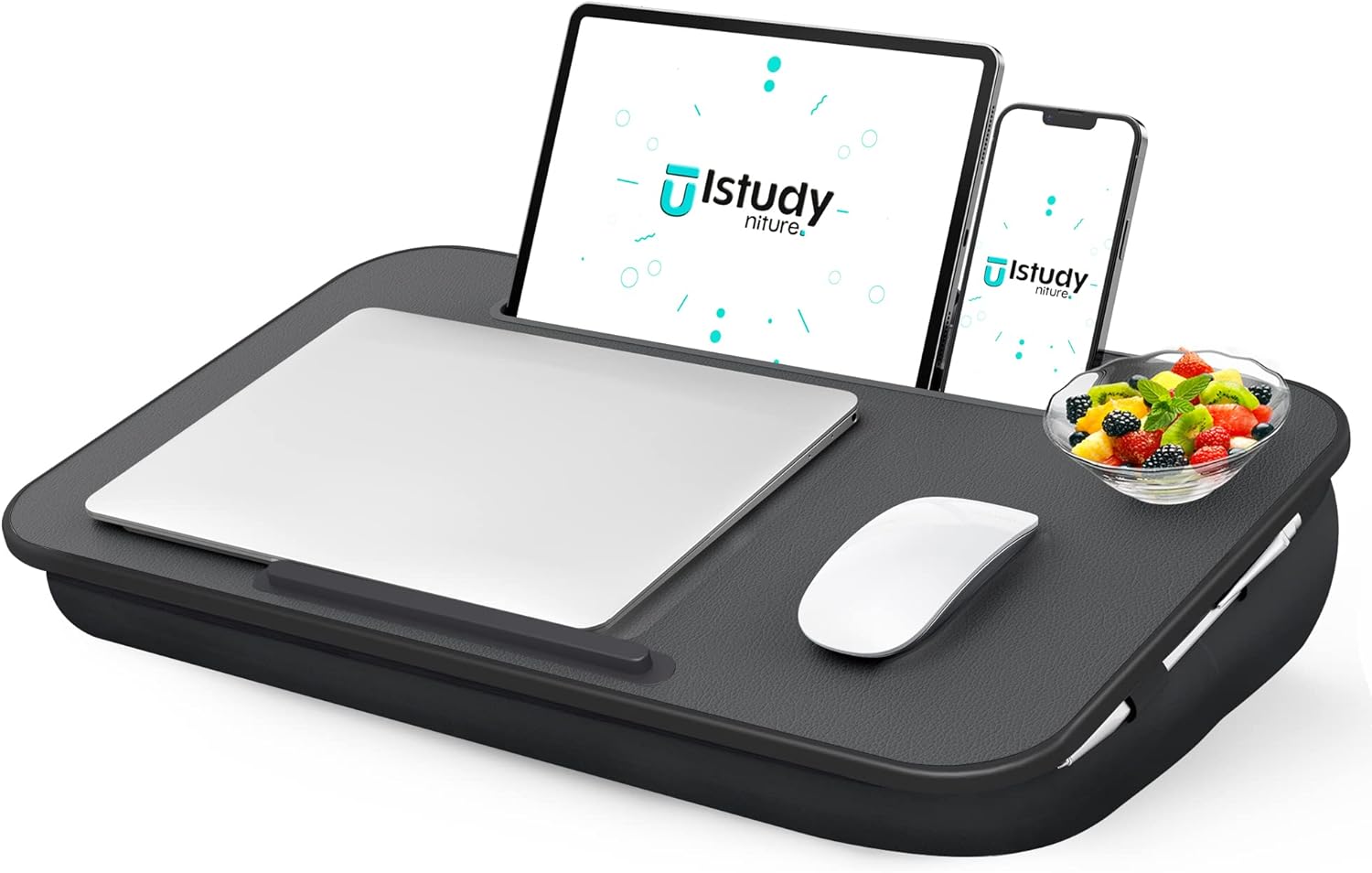 lap desk, portable laptop lap desk with pillow cushion, fits up to 17 inch laptop, laptop stand with device ledge and phone holder, for home office, black, istudyniture(large)