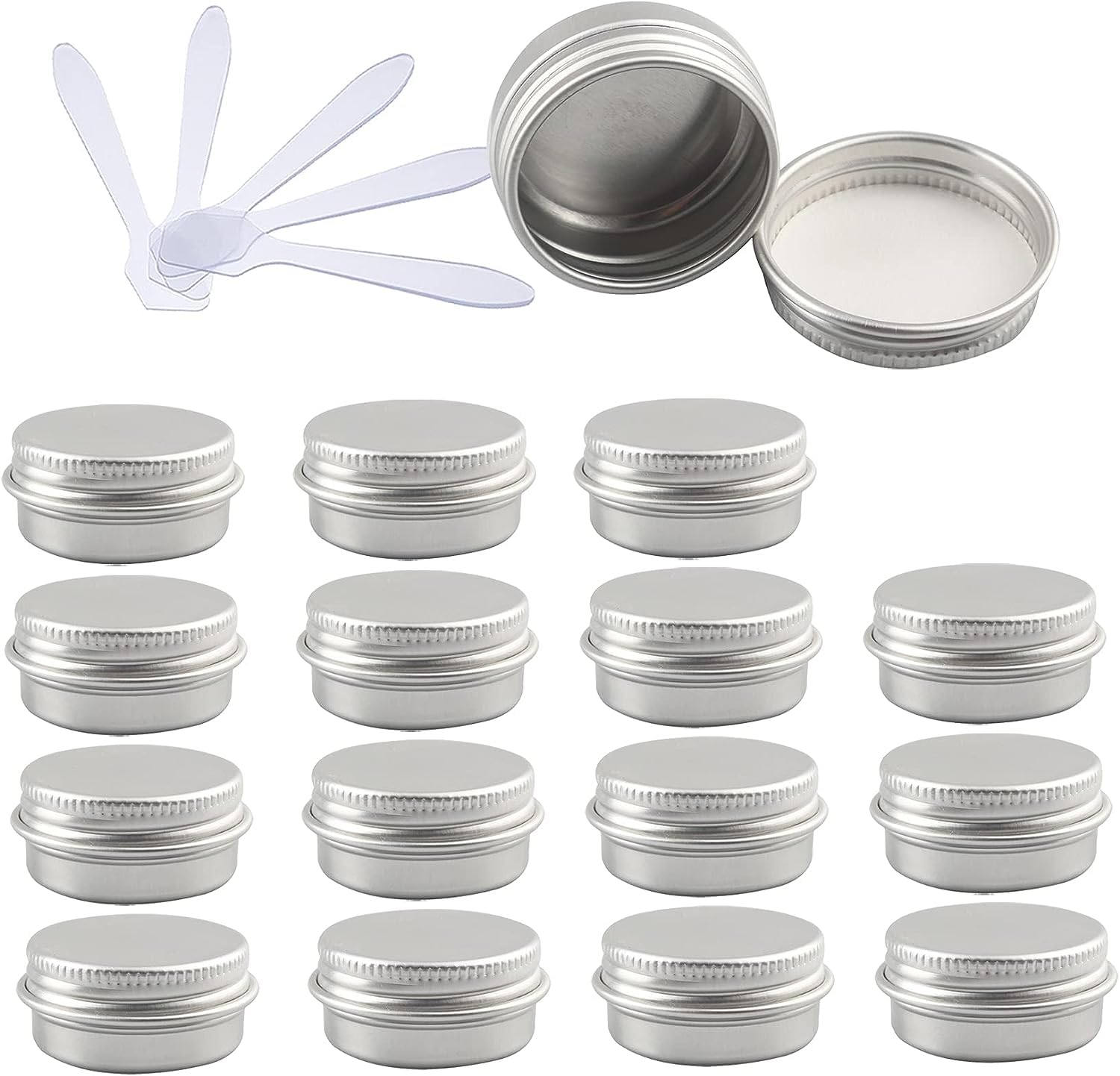 KRXSOBNV Cosmetic Jars, 48 PC Aluminium Tins with Screw Lids Storage Jars Cosmetics Containers Pots with 6 Spatula(Silver,0.5 Ounces)