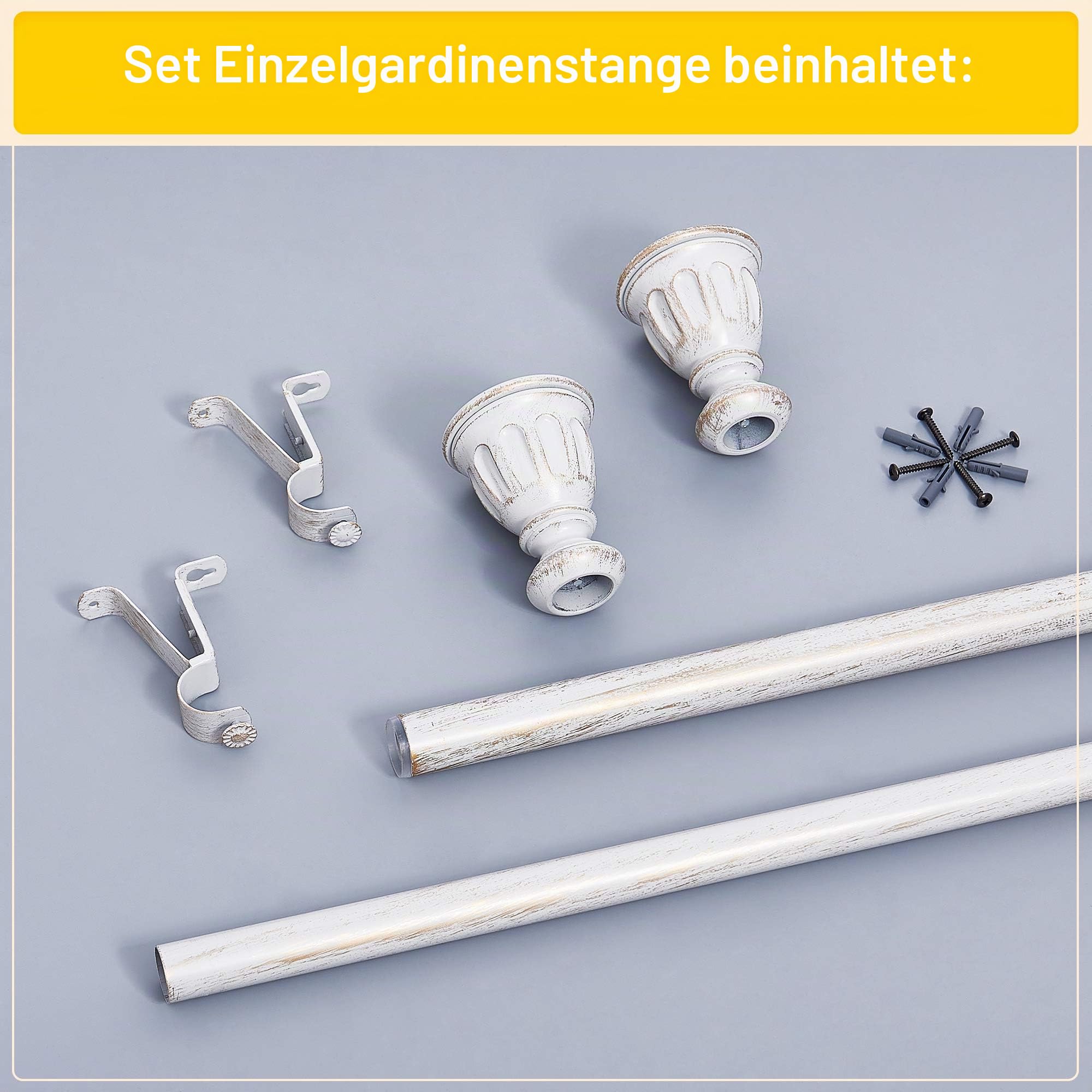 NICETOWN Dekorative Gardinenstange für Fenster, Standardgröße 3,8 cm Durchmesser, verstellbar, Länge 71,1–122,9 cm, mit Trophäen-Endstücken, Antikweiß