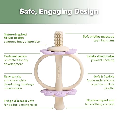 Miniatura 5 de haakaa Mordedor de silicona de doble flor, extremo en forma de pezón para masaje de encías, cabezal de cepillo de dientes de bebé de 360 para