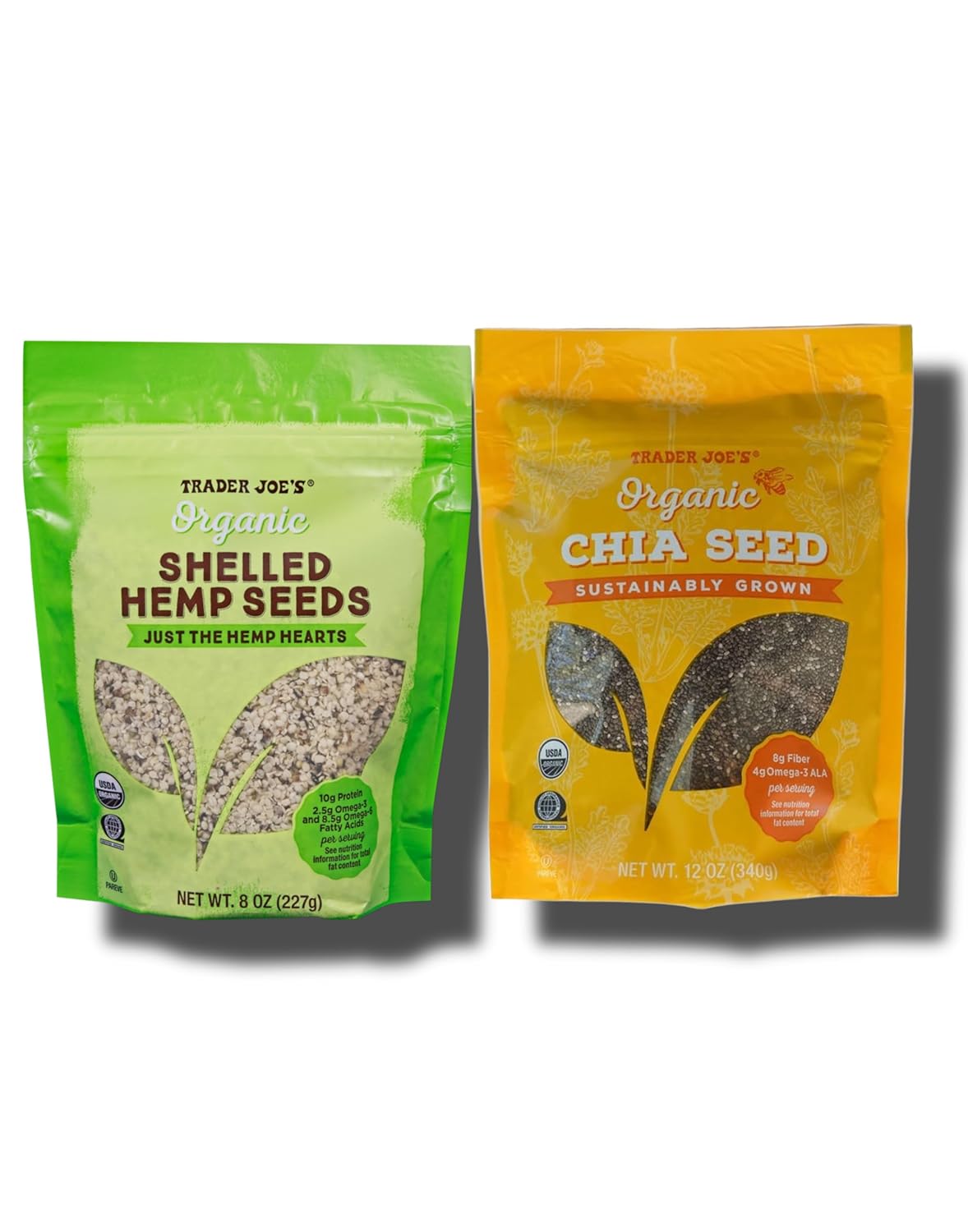 Trader Joe's Organic Shelled Hemp Seeds and Chia Seeds Bundle, Hemp Hearts and Sustainably Grown Chia, 8 oz and 12 oz Bags (4 PACK 2 & 2)