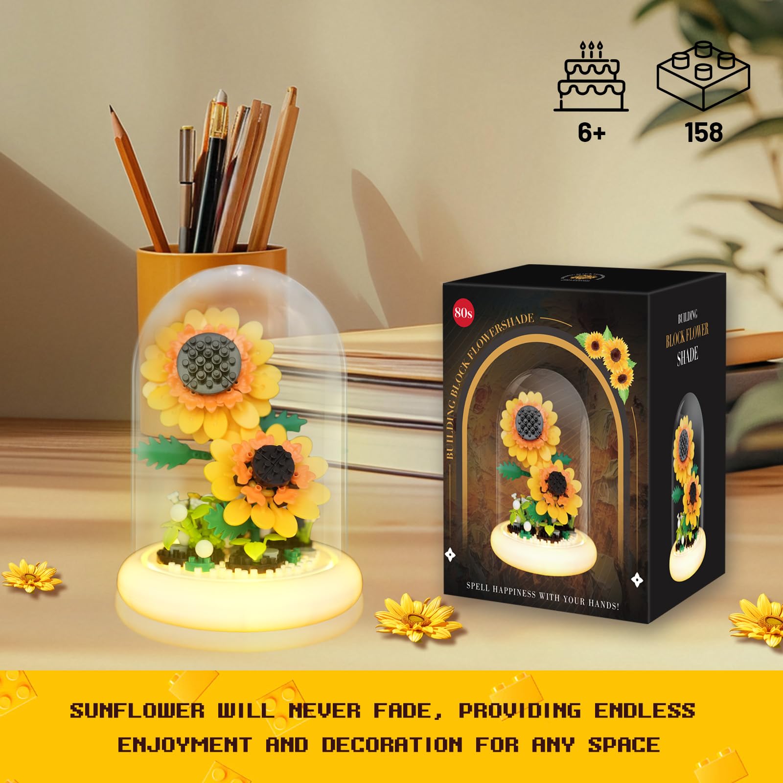 80S Sunflower Building Toy Set, 251 Pieces with Lighted Base, ABS Dust-Proof Shell, DIY Gift for Kids & Adults, Perfect for Mother’s Day, Birthday, Holiday – Creative Educational Building Blocks