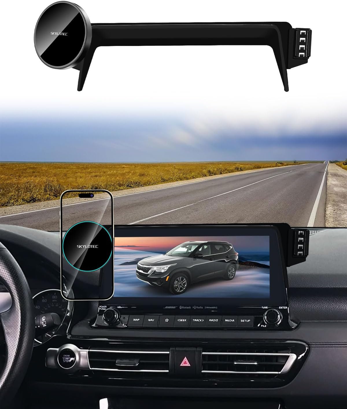 SKYLOTEC Dual Phone Mount for Kia Seltos 2021-2023 Accessories Car Magnetic Phone Holder Compatible with MagSafe, Strong Magnets Fast Wireless Charger Cell Phone Base