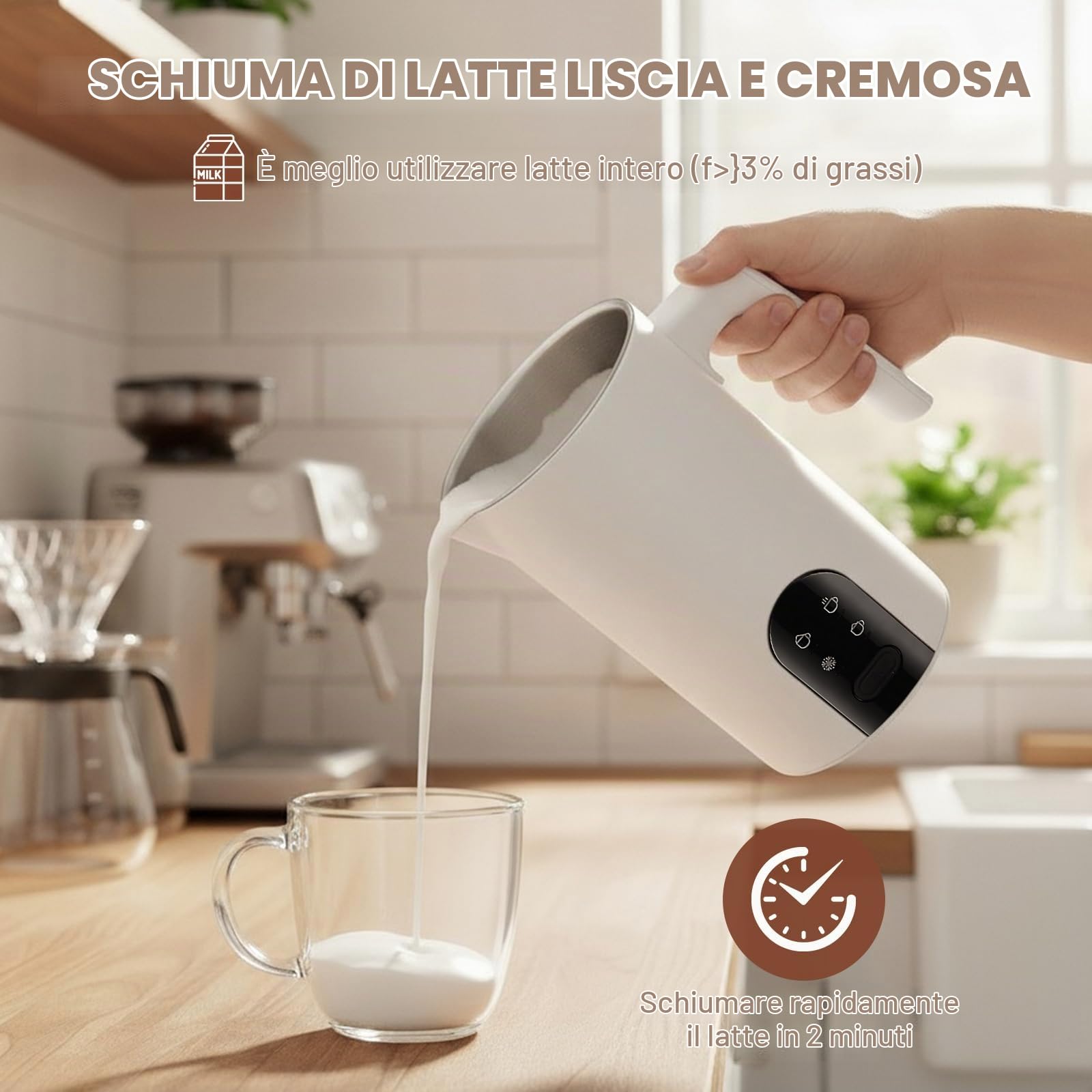 Schiumatore Elettrico 4-In-1: Schiumatore Automatico Per Latte Caldo E Freddo, Spegnimento Automatico, Design In Acciaio Inox, Funzionamento Silenzioso Per Cappuccino E Cioccolata Calda (Bianco)
