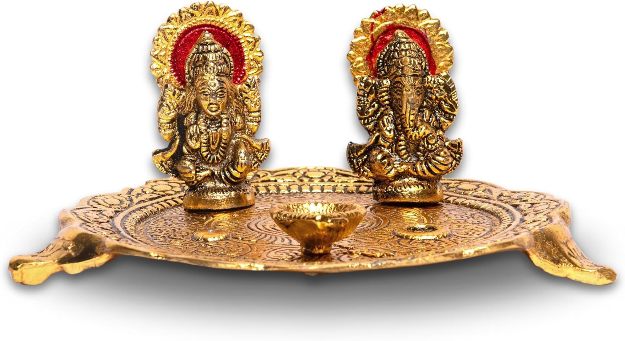 Wonder Care Aluminium Golden Color Plated Laxmi Ganesha Idol with Platter Plate for Puja Diwali Gift Items Deepawali Decorations Indian Dhanteras Pooja Statue Thali