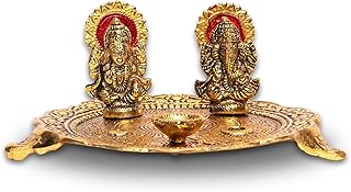 Aluminium Golden Color Plated Laxmi Ganesha Idol with Platter Plate for Puja Diwali Gift Items Deepawali Decorations India...