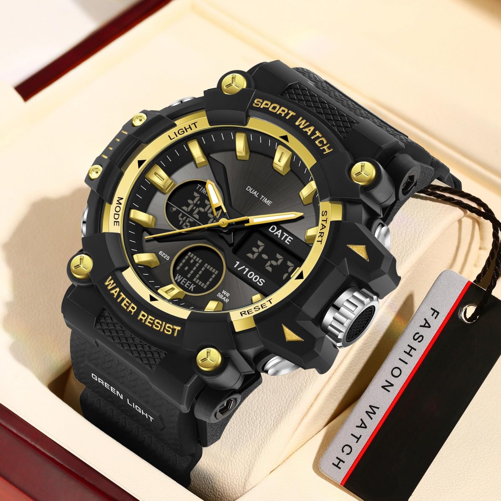 findtime Montre de sport pour homme avec date, analogique, numérique, rétro-éclairage LED, étanche, doré, Décontracté