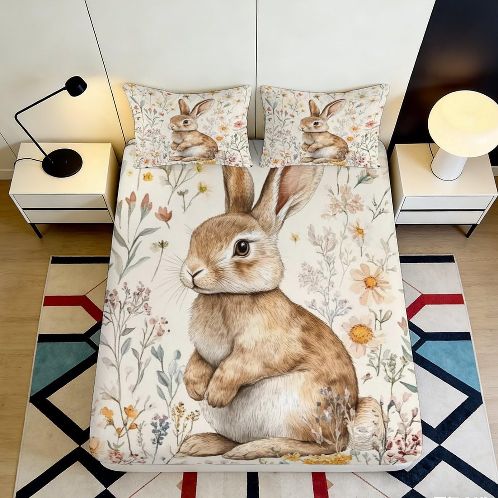 3D Printed Bunny Meadow Fitted Sheet Microfiber Soft Pastel Floral Mattress Cover for Bedroom Guest Room Decor 90x200x25cm