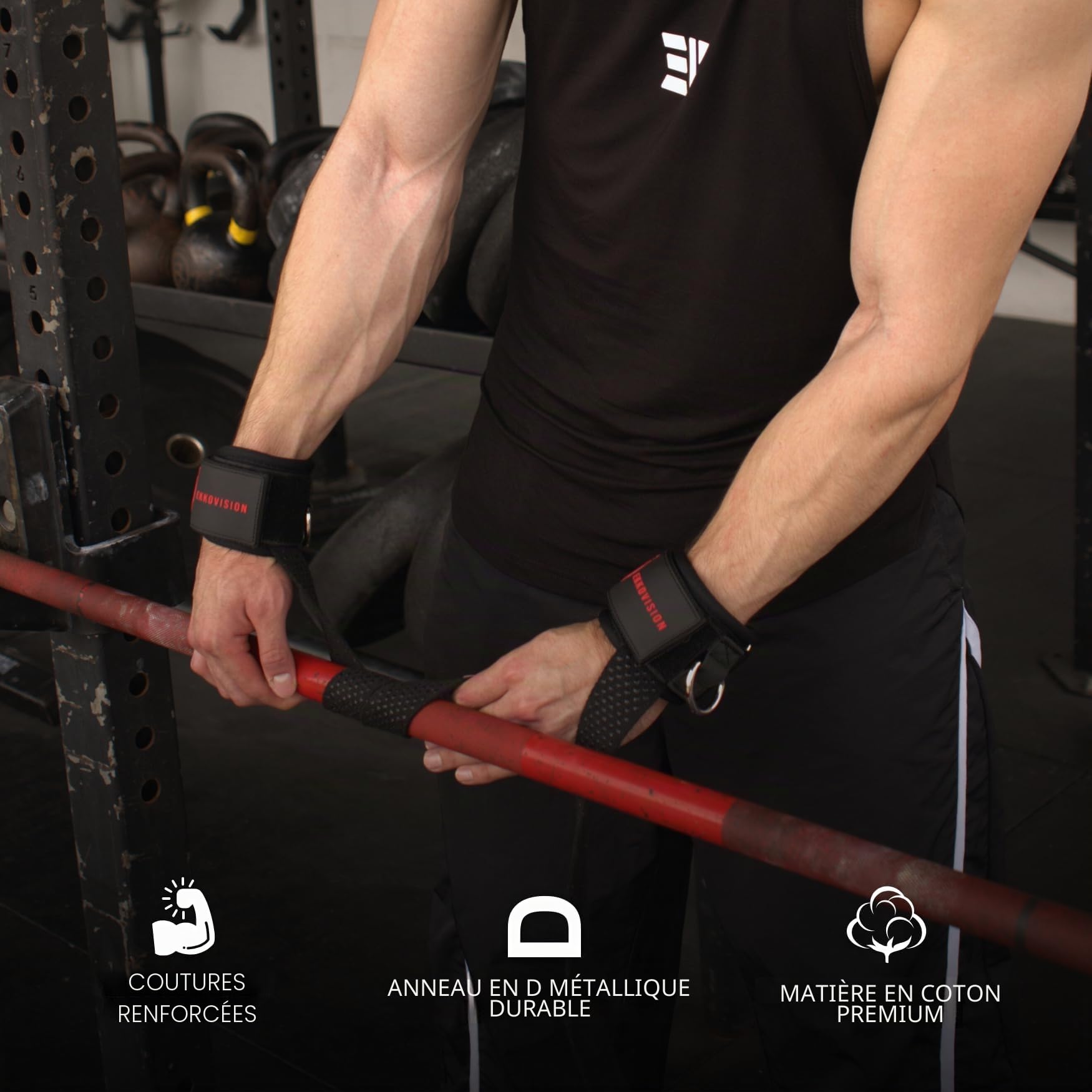 Ekkovision Sangles d'haltérophilie avec anneau en D resserré, ajustement sûr, prise en main améliorée, nylon noir, entraînement de gym