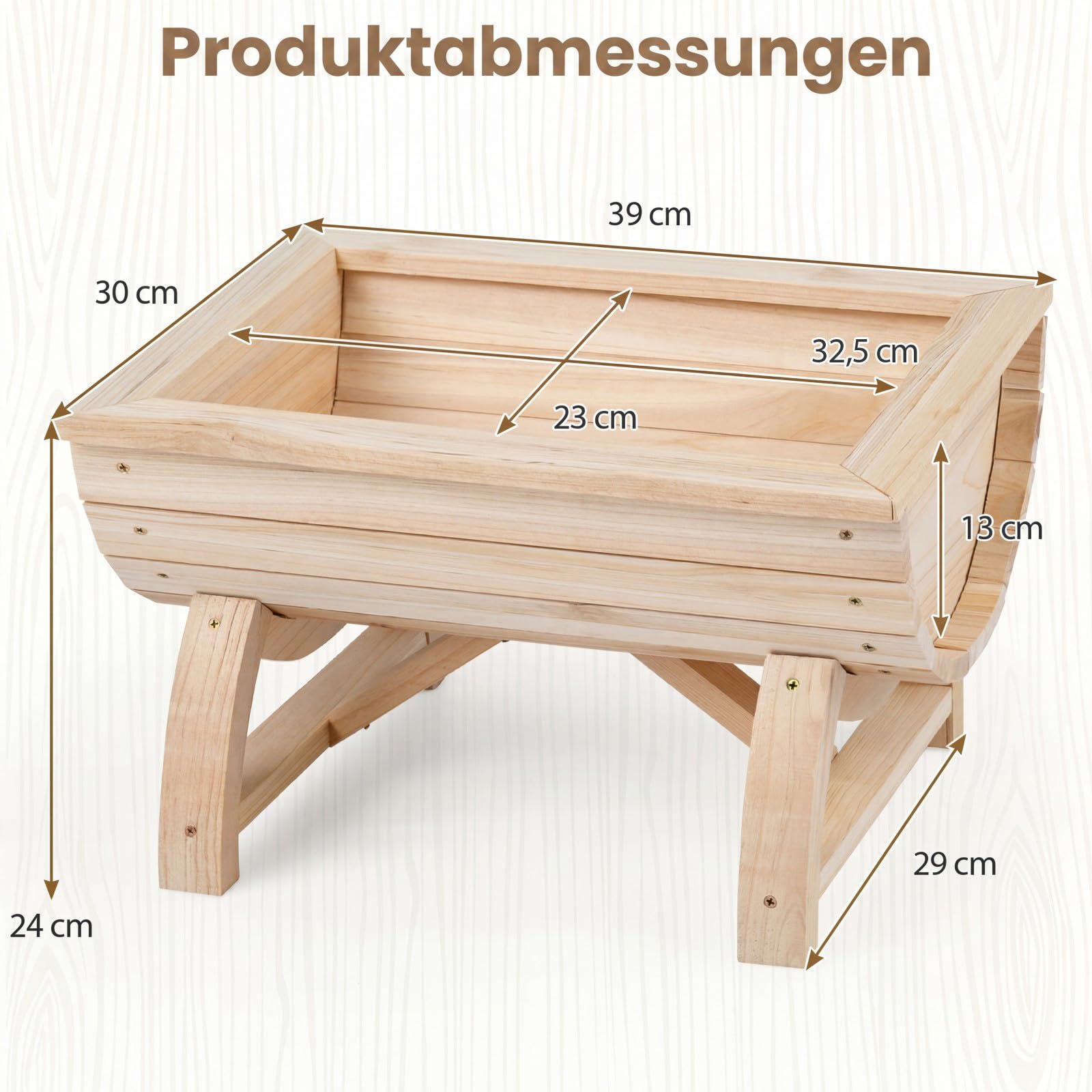 COSTWAY 2er Set Blumenkasten, Hochbeet aus Holz, halbes Blumenfass, Pflanzkasten mit Entwässerungsloch & Beinen, Pflanzfass Blumentopf Tannenholz, Gartendeko Outdoor, 39 x 30 x 24 cm, Natur