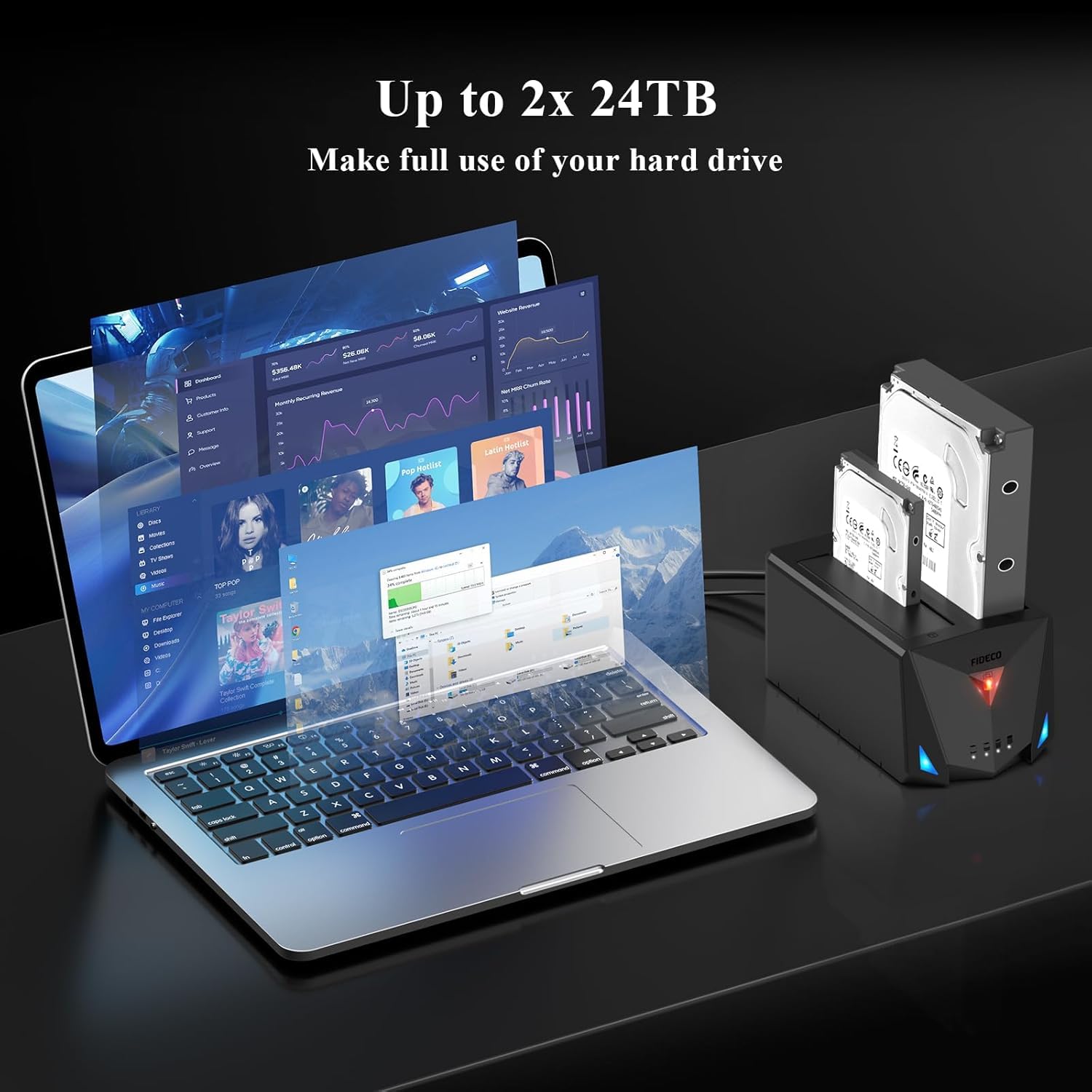 FIDECO Station d'accueil pour Disque Dur, USB 3.2 Gen 1 HDD Docking Station 2,5"/3,5" SATA HDD SSD avec câble USB A vers C et câble USB C vers C, Prend en Charge Clone Hors Ligne et UASP