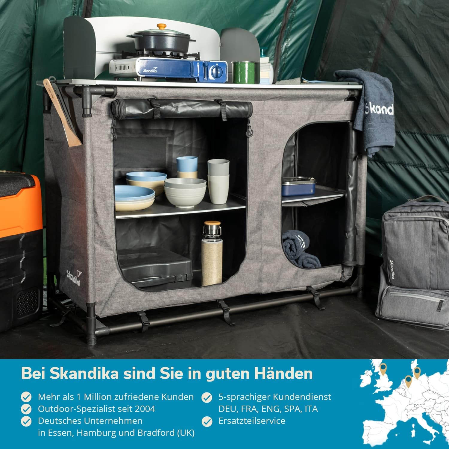 Skandika Kuchnia kempingowa Ruoka | szafka kempingowa z aluminiową ramą, zdejmowana ochrona przed wiatrem i rozpryskiwaniem, zlewozmywak, schowki, torba do noszenia, kuchnia outdoorowa | kuchnia