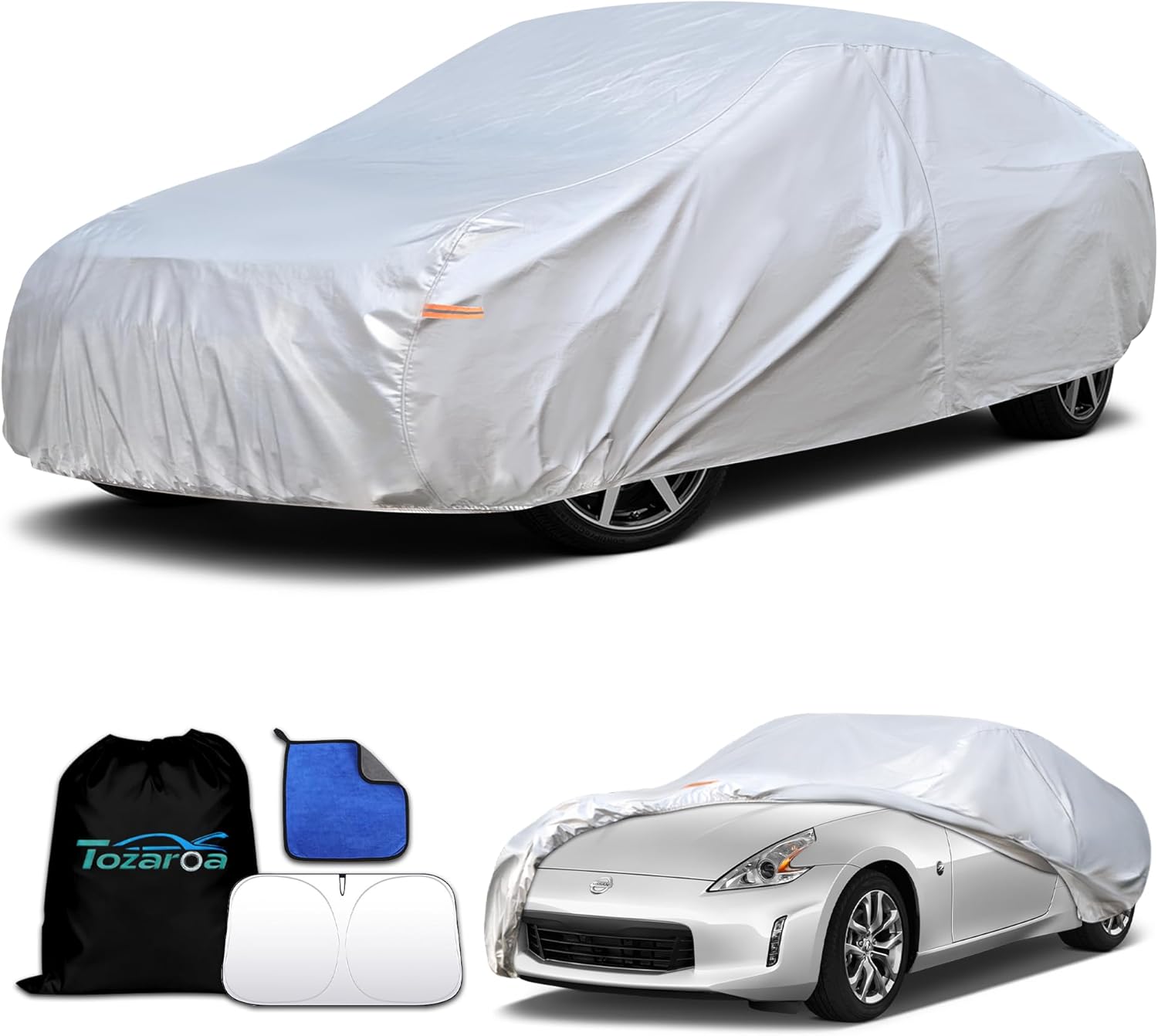 Car Cover Waterproof All-Weather,Heavy-Duty Outdoor Full Exterior Automobiles Snow Cover for Sedan/Coupe 166-178 inch,with Sun Visor,Anti-Scratch Cotton Lining & Zippered,Towel&Storage Bag