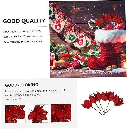 Miniatura 8 de Amosfun 6 piezas de flores artificiales de Navidad, decoración del hogar, flores rojas, magnolia, hojas de nochebuena con purpurina, flores de