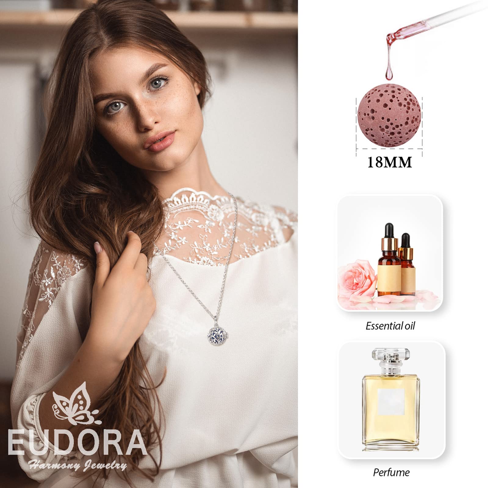 EUDORA Harmony Ball Collana Aromaterapia Ciondolo con Oli Essenziali per Donna, Collana con Diffusore Regalo di Gioielli per Ragazze con 7 Pezzi di Pietra Lavica, 24 Pollici