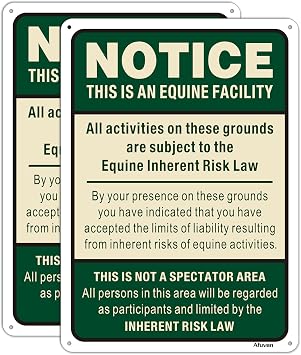 Equine Liability Signs Statute Horse Barn Stable Farm Sign 14" x 10" Supplemental Equine Liability Warning Sign Metal Reflective Rust Aluminum Waterproof Easy Mounting Outdoor Use 2 Pack