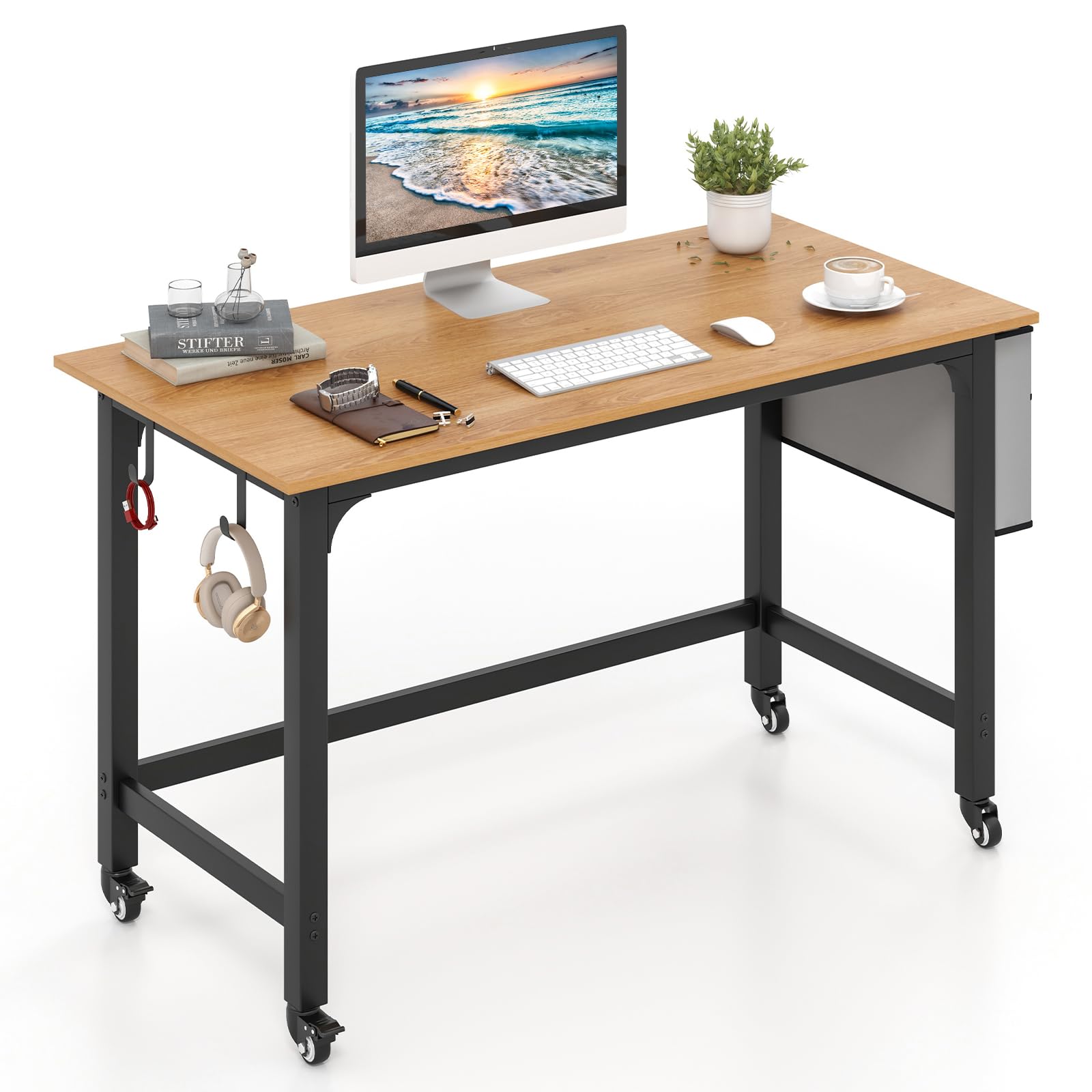 GIANTEX Biurko, biurko komputerowe z 4 uniwersalnymi kółkami, kieszeń boczna i 2 haczyki, 120 x 60 x 75 cm, stół do domowego biura i gabinetu, obciążenie do 100 kg (kolor naturalny)