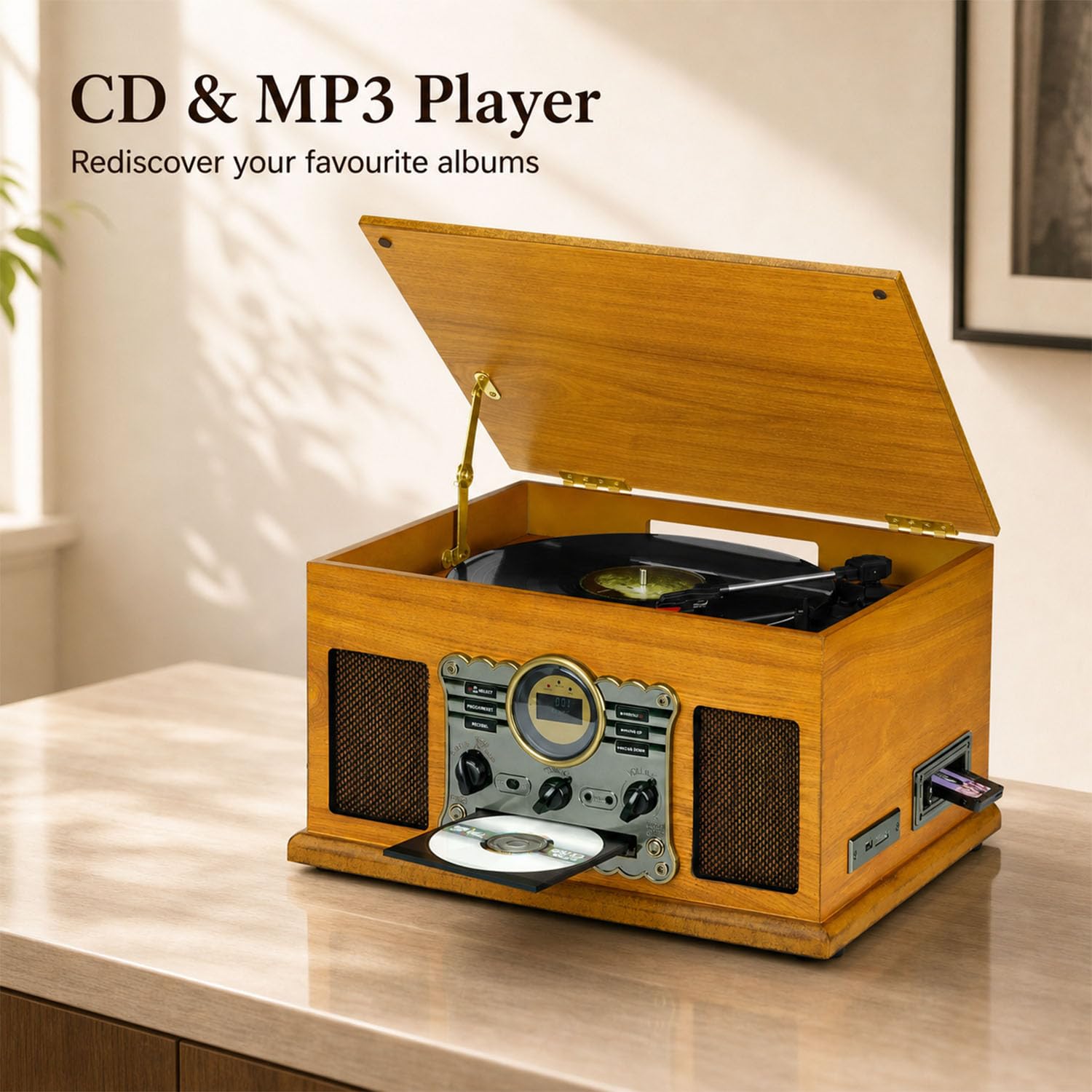 Giradischi 9-in-1 Vinile Turntable con Bluetooth,FM/DAB Costruito Dentro Altoparlanti Stereo, Costruito dentro Altoparlanti Stereo,CD, MP3,CASSETTE,USB
