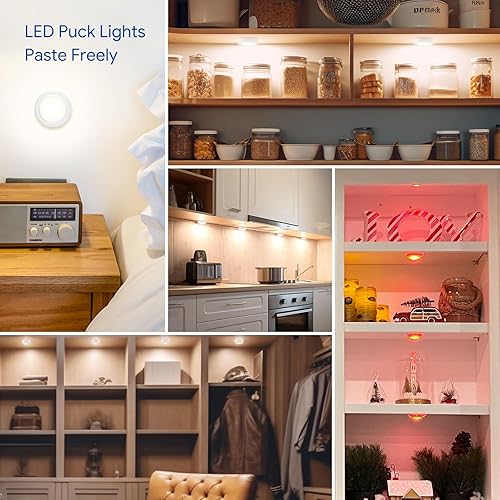 Miniatura 7 de Yiliaw - Paquete de 6 luces LED de disco con control remoto, 16 colores cambiables, luces LED para debajo del gabinete, luces alimentadas por