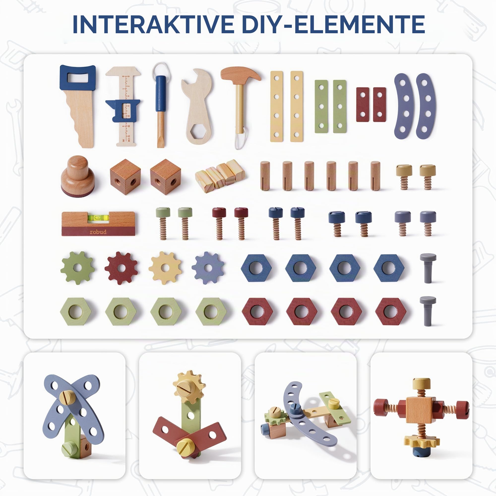 ROBUD Holzspielzeug Werkbank, Großes Kinder Holz Spielwerkzeug, Pretend Play Creative Building Set, Construction Workshop Tool Bench Toys, Geschenk für Mädchen Jungen 3+