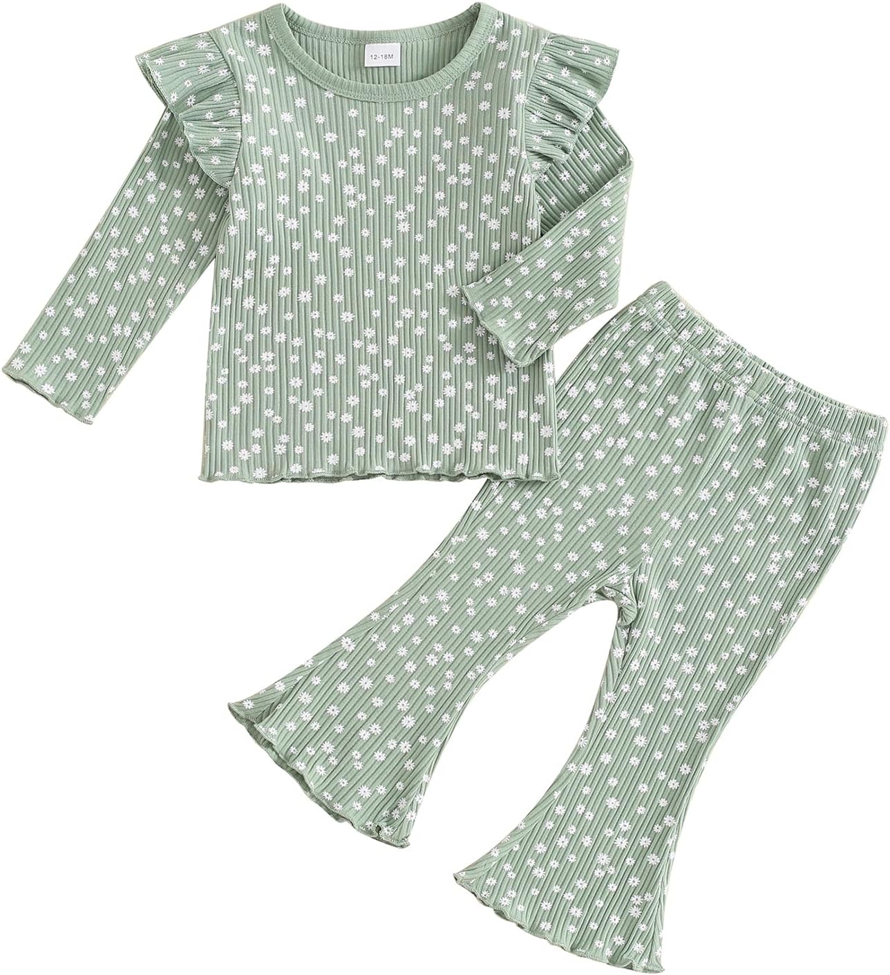 FOCUSNORM Toddler Baby Girl Outfits Ruffle Long Sleeve Striped Trim Tops + Flare Pants Set Toddler 2Pcs Fall Winter Clothes