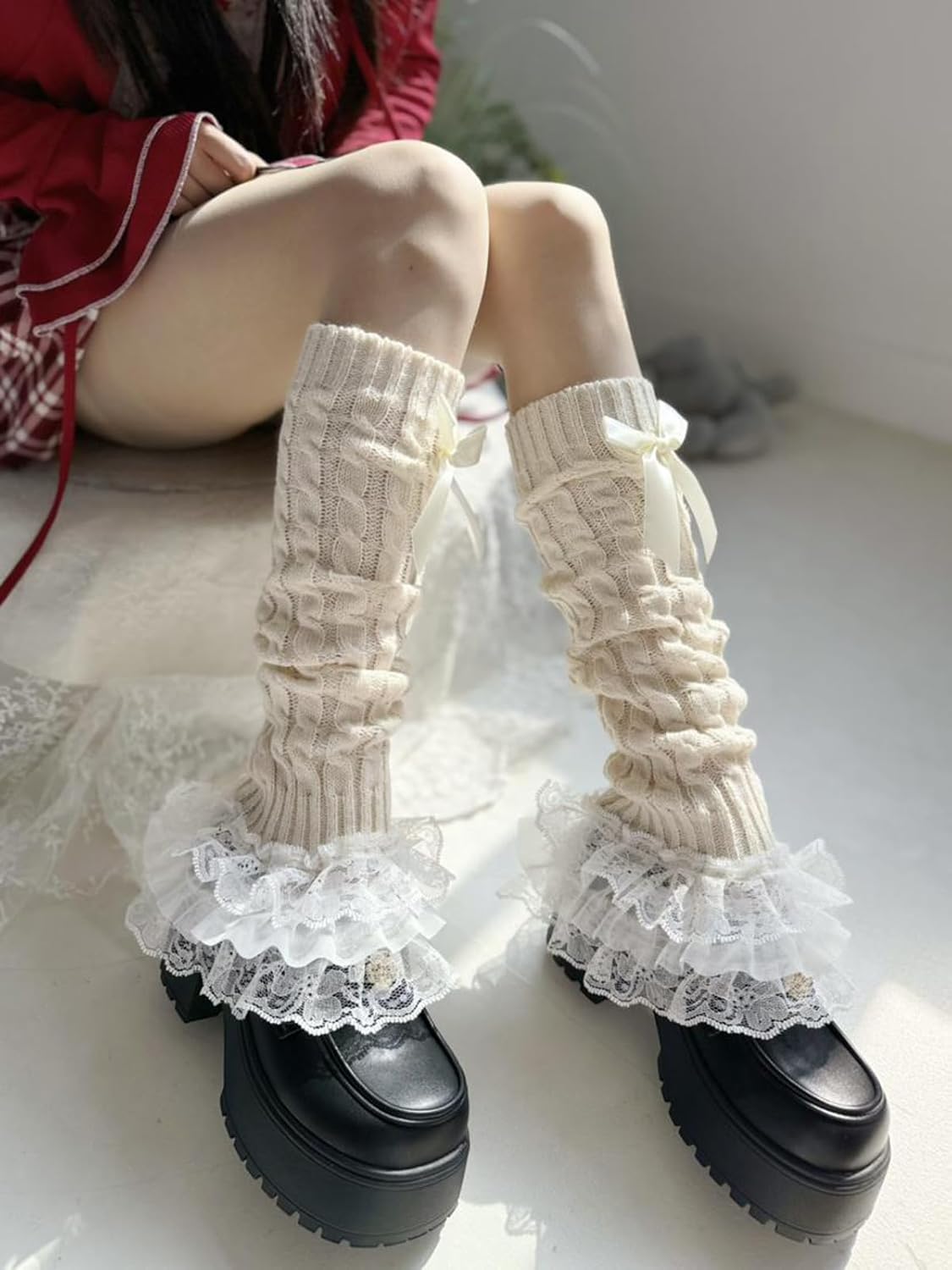 Leoparts Women's Knit Leg Warmers Y2K Bow Lace Trim Knee High Leg Sleeve Socks for Lolita Costume Party Accessory - Image 3