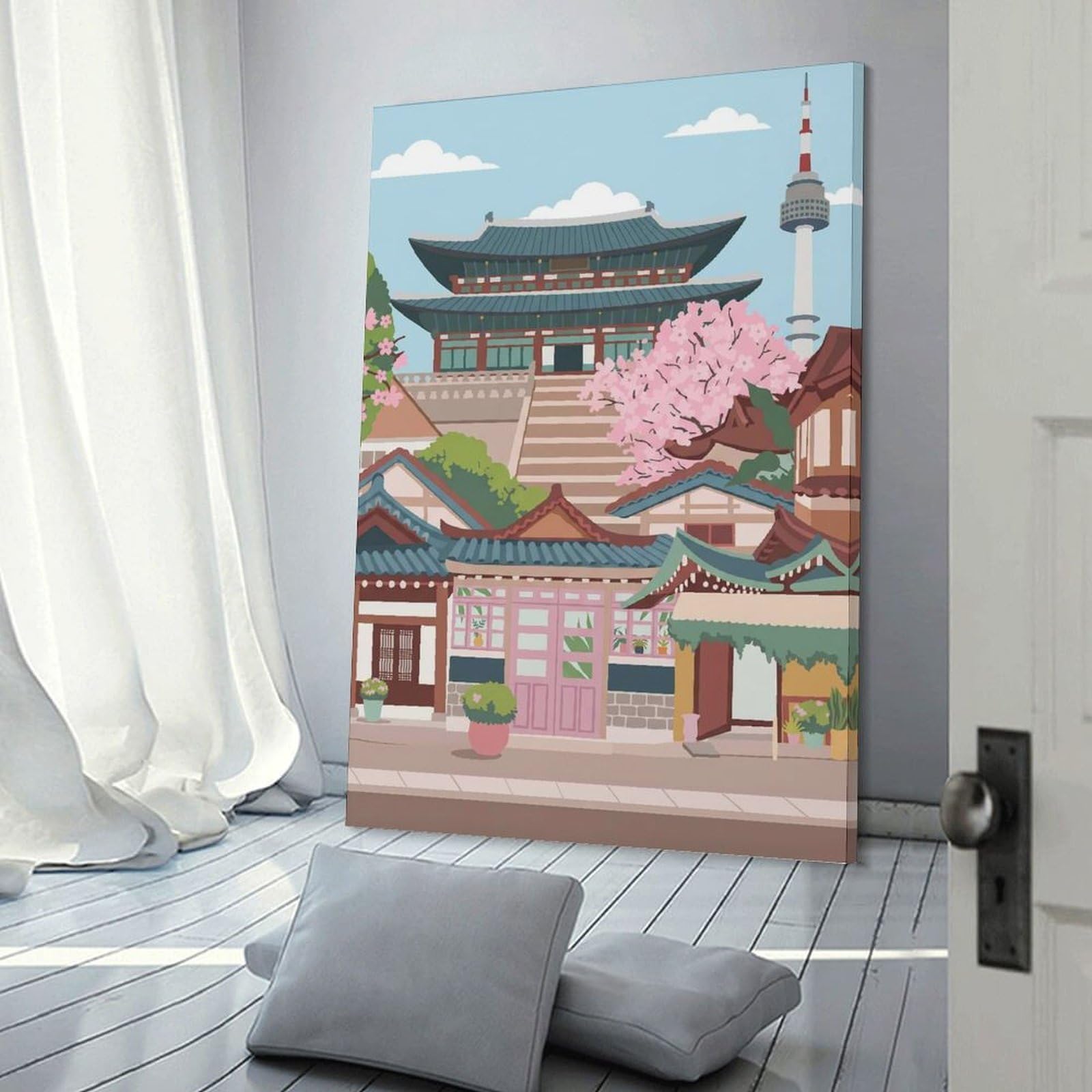 Junmoney Seoul Cityscape with Traditional Architecture Hanging Wall Art 24x36inch(60x90cm), for Study, Office Or Focused Interiors, Wall Art That Adds Style to Work Areas