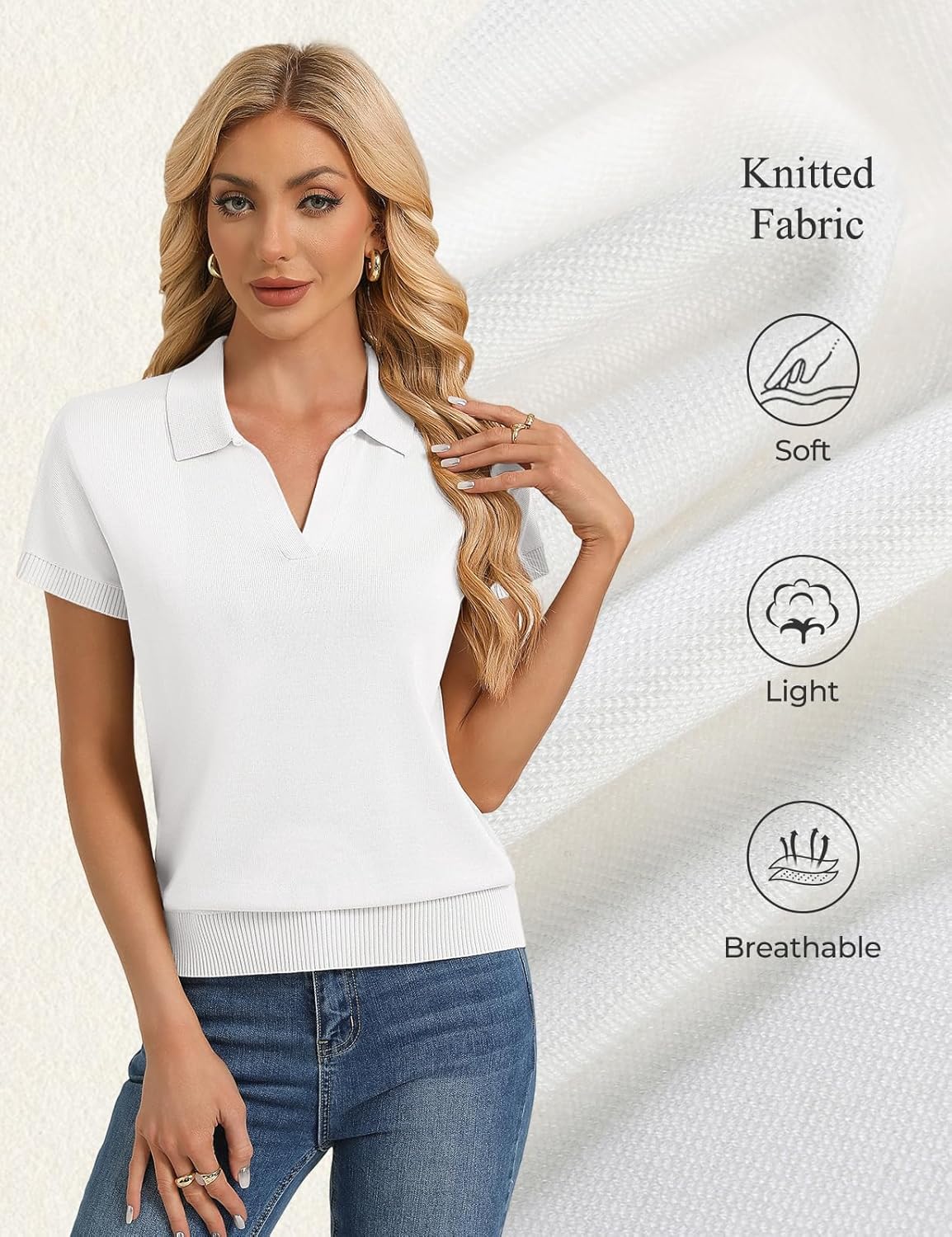GRACE KARIN Women Short Sleeve Sweater, Business Casual Knit Polo Shirt, V Neck Collared Pullover Tops - Image 4