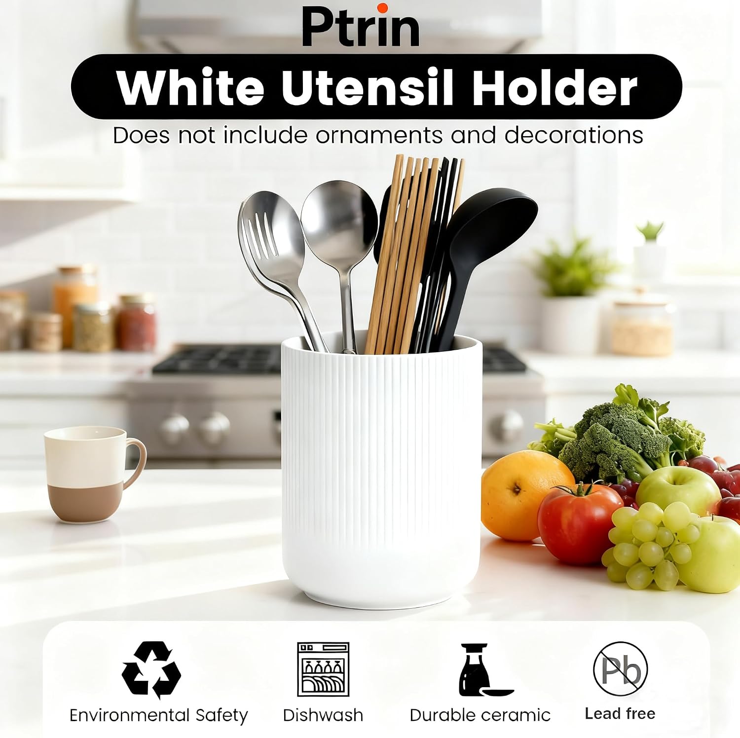 Utensil Holder,Ceramic Kitchen Utensil Holder for Countertop,Large Cooking Utensil Crocks for Kitchen Counter Decor,Plant Vase,Ceramic Vase for Utensils,H7.3+D5.9(White)