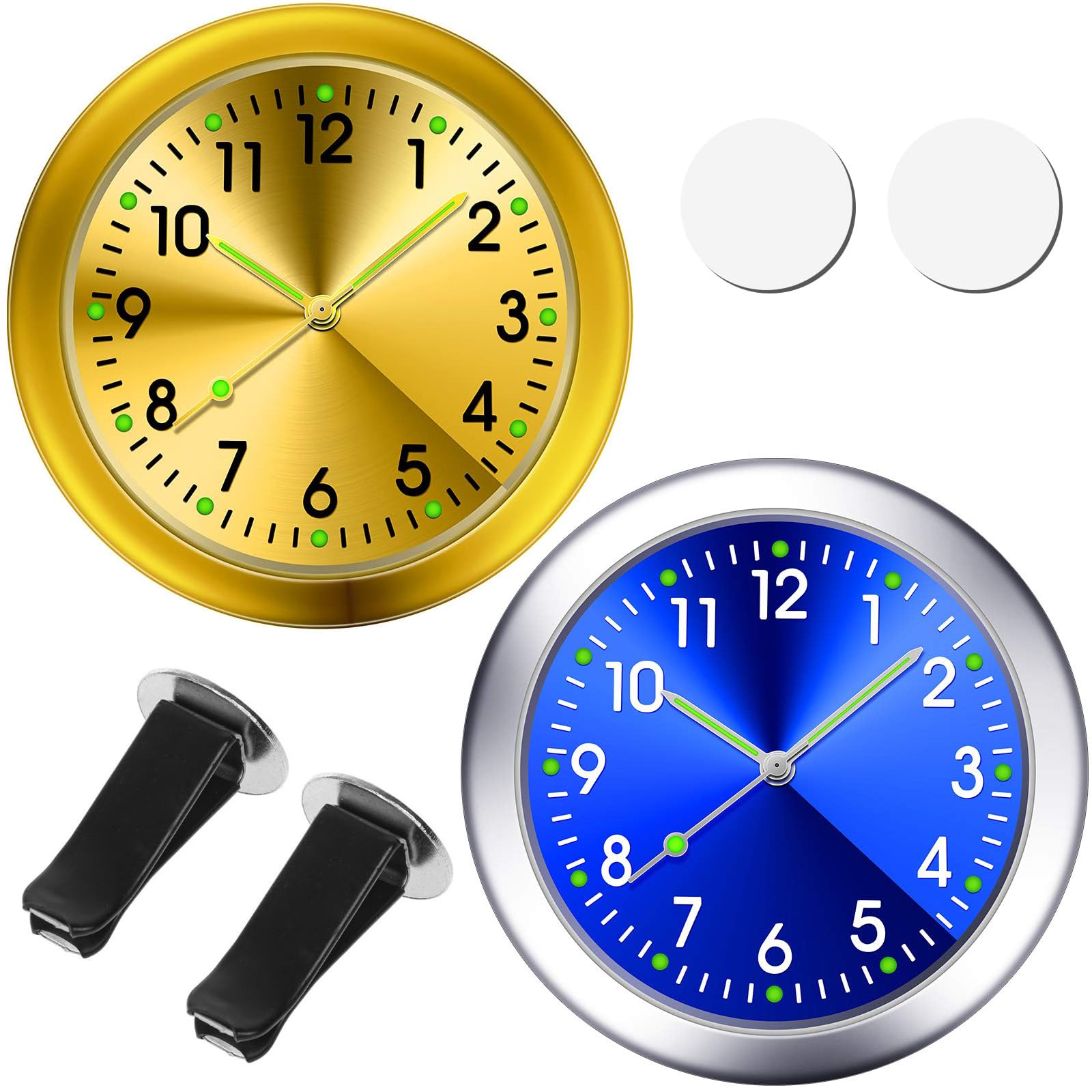 [2 Pieces ]Car Clock, Universal Stick On Dashboard Car Clock, Mini Luminous Quartz Analog Car Dashboard Clocks. (Gold and Blue)