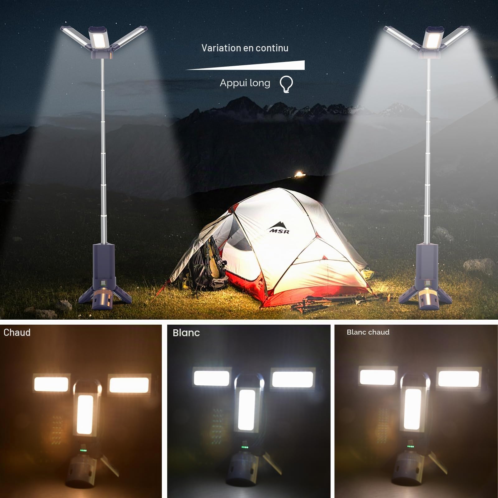 Lampe de Camping Télescopique Rechargeable 10000 Mah, 4000 Lm, Lanterne De Camping Portable en Aluminium Rotatives à 270°, Étanchéité IP45, Chaud/Blanc/Naturel, Température de Couleur Réglable